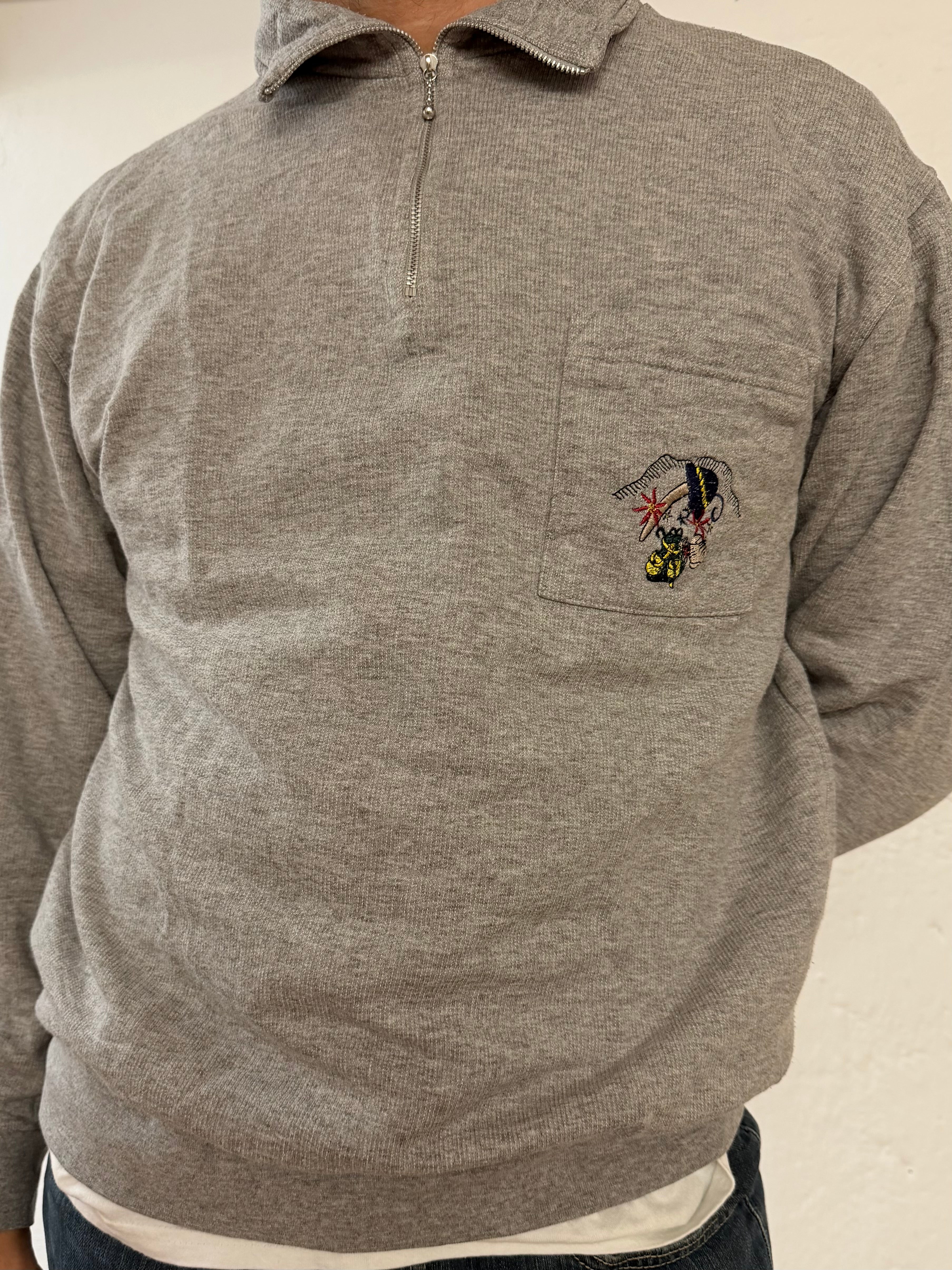 Pullover Grey Zip Neck with Front Chest Stitch Unisex – L