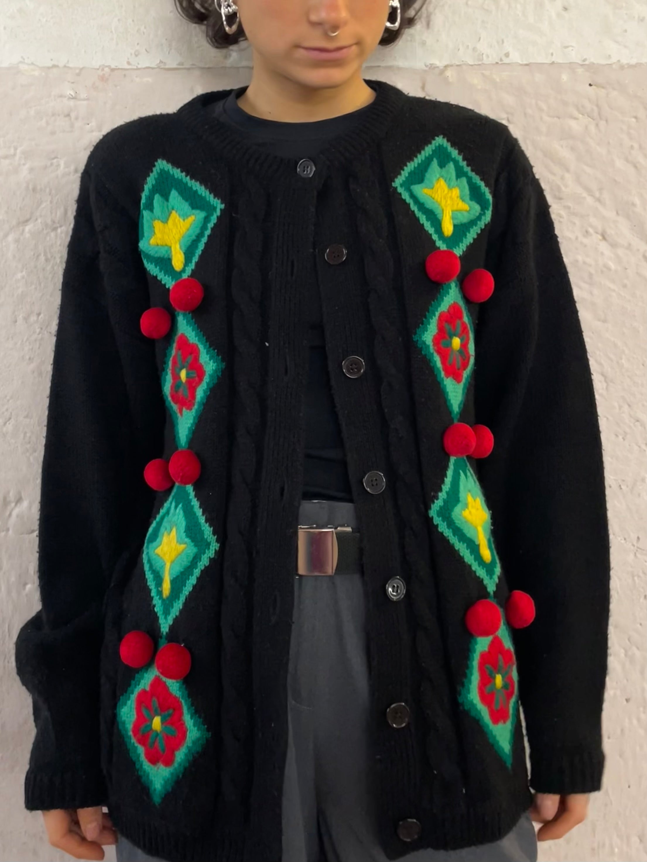 Beautiful Black Cardigan with Lovely Red Pom-Poms - Kleiderhaufen - Default Title