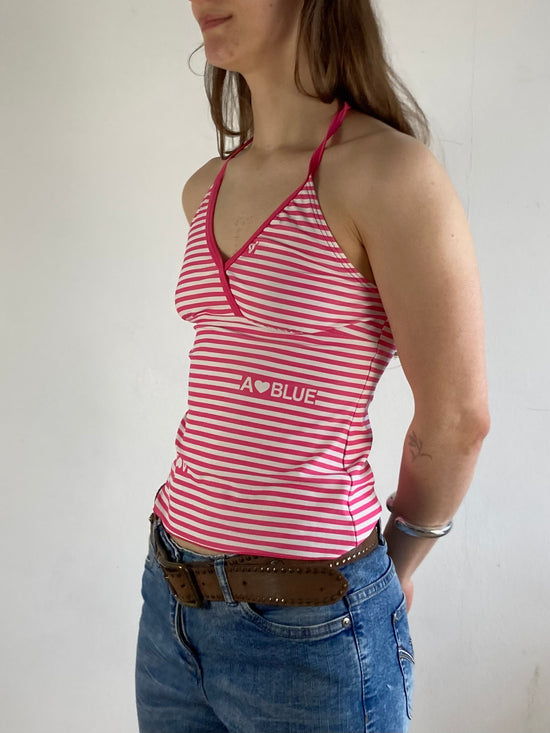 Top Vintage Front Print Summer White Pink Elastic Slim Fit Women – S