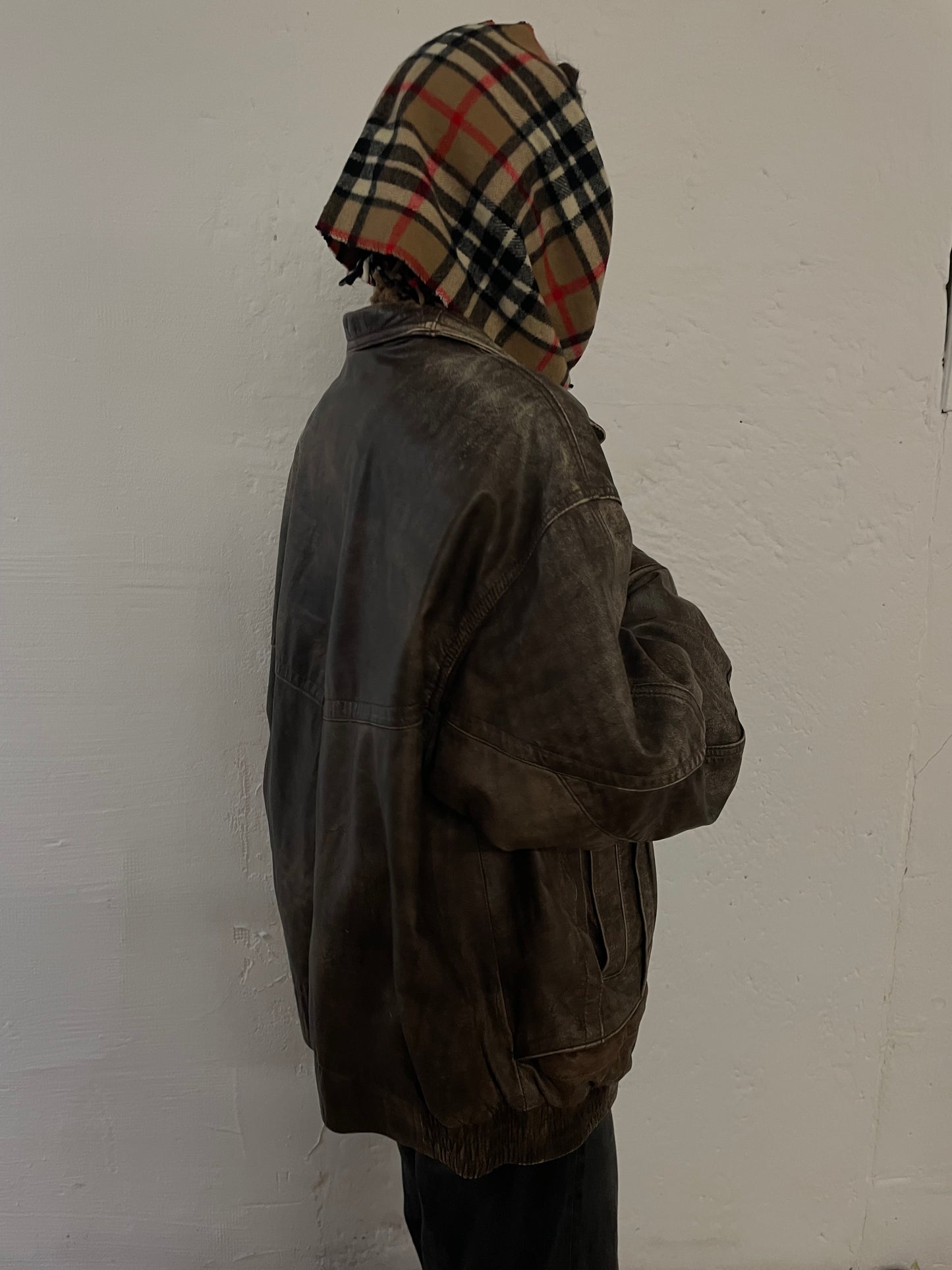 Vintage Trapper Leather Jacket Dark Brown Oversized Unisex - L