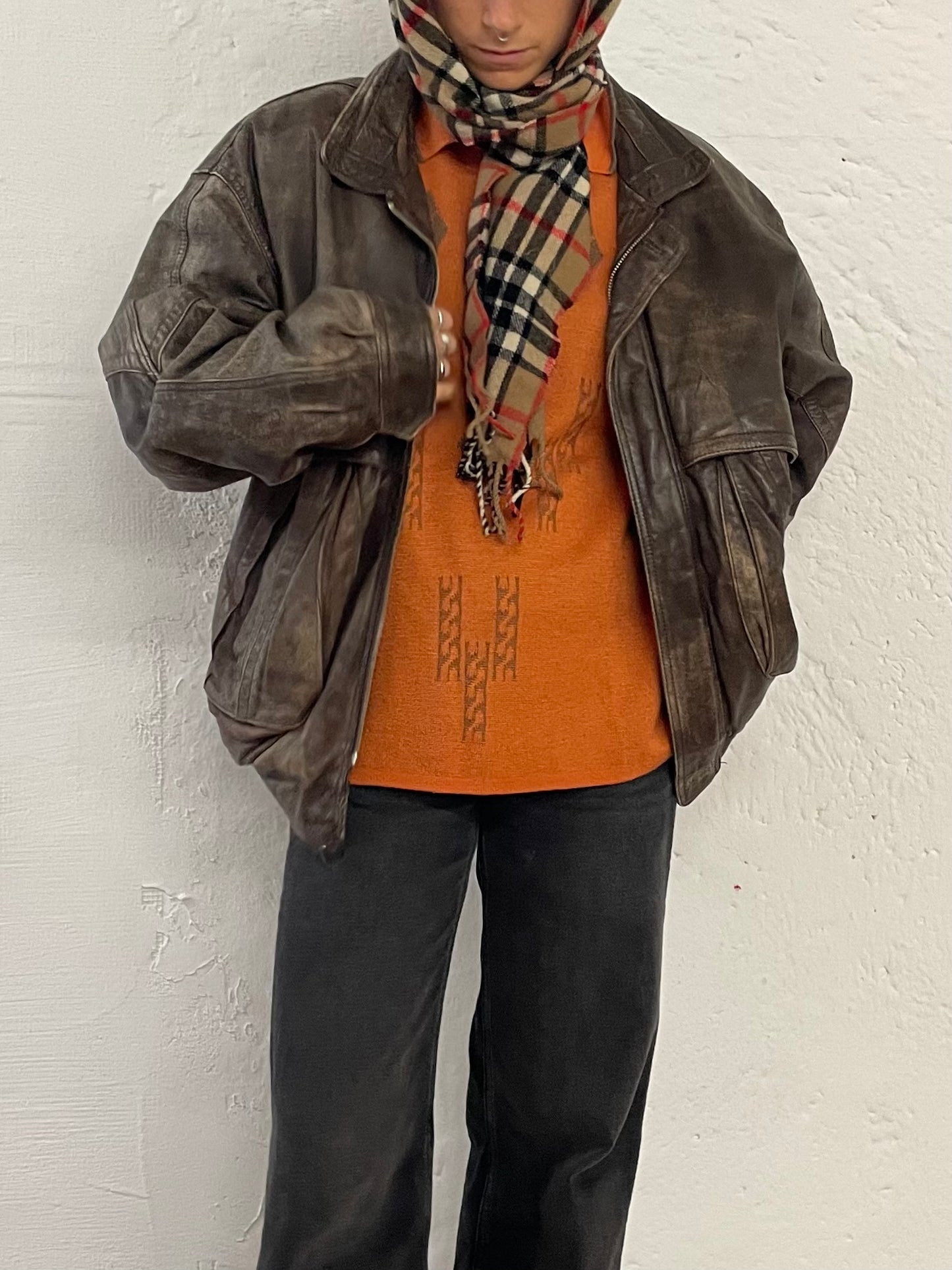 Vintage Trapper Leather Jacket Dark Brown Oversized Unisex - L