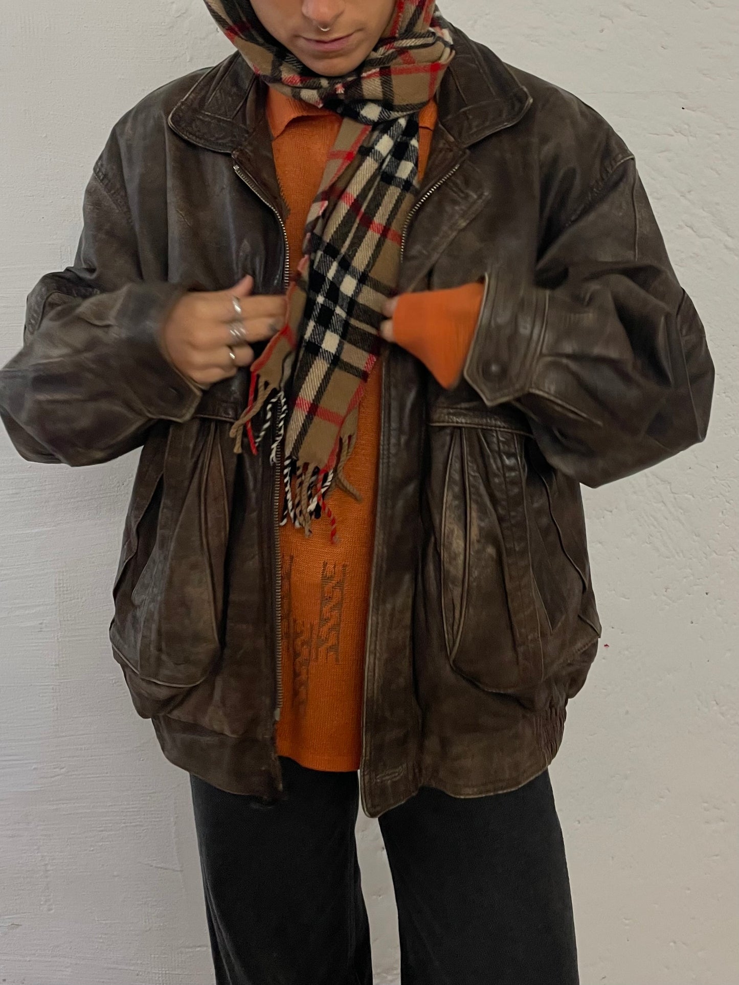 Vintage Trapper Leather Jacket Dark Brown Oversized Unisex - L