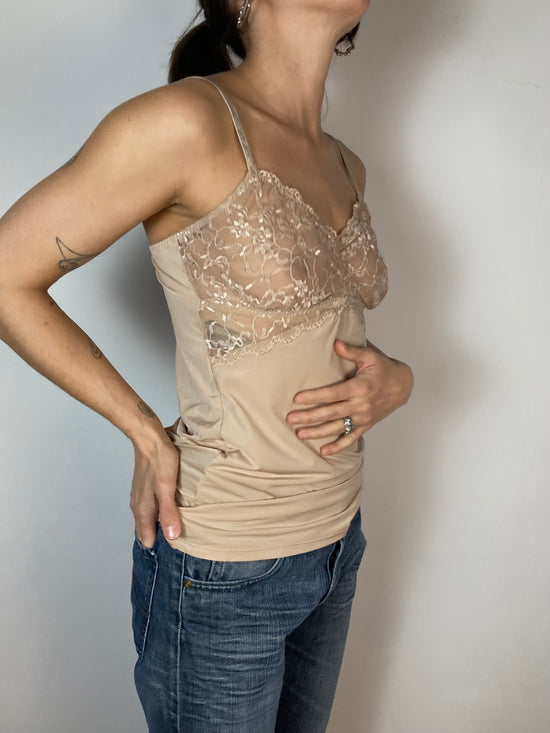 Top Vintage Y2K Sheer Lace Top Cream Bronze Women – S