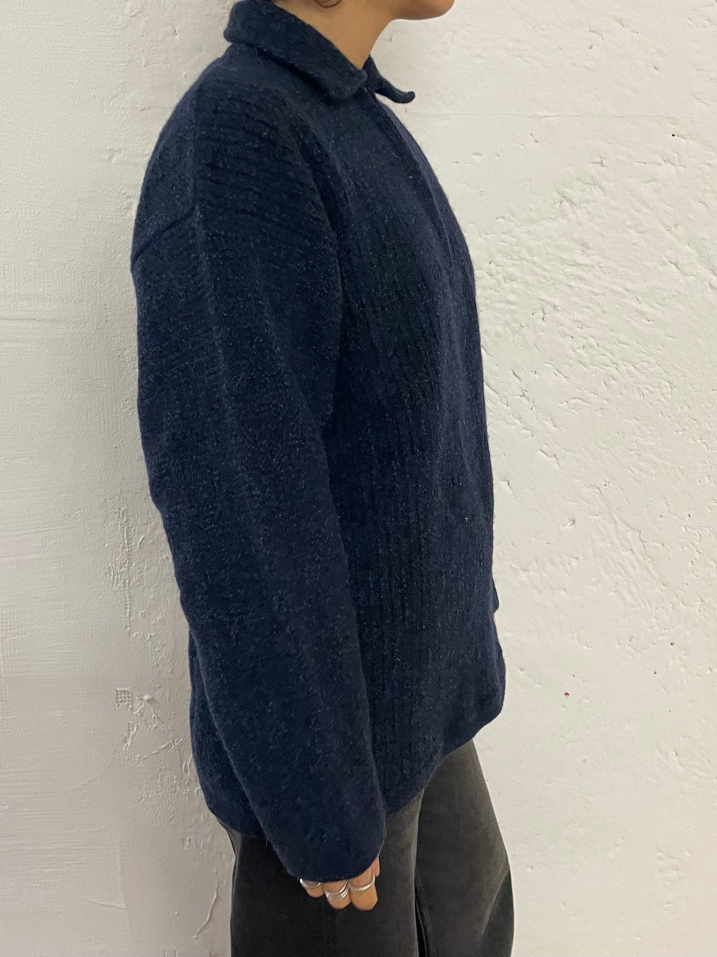 Vintage Dark Blue Wool Sweater Zip Collar High Neck – M