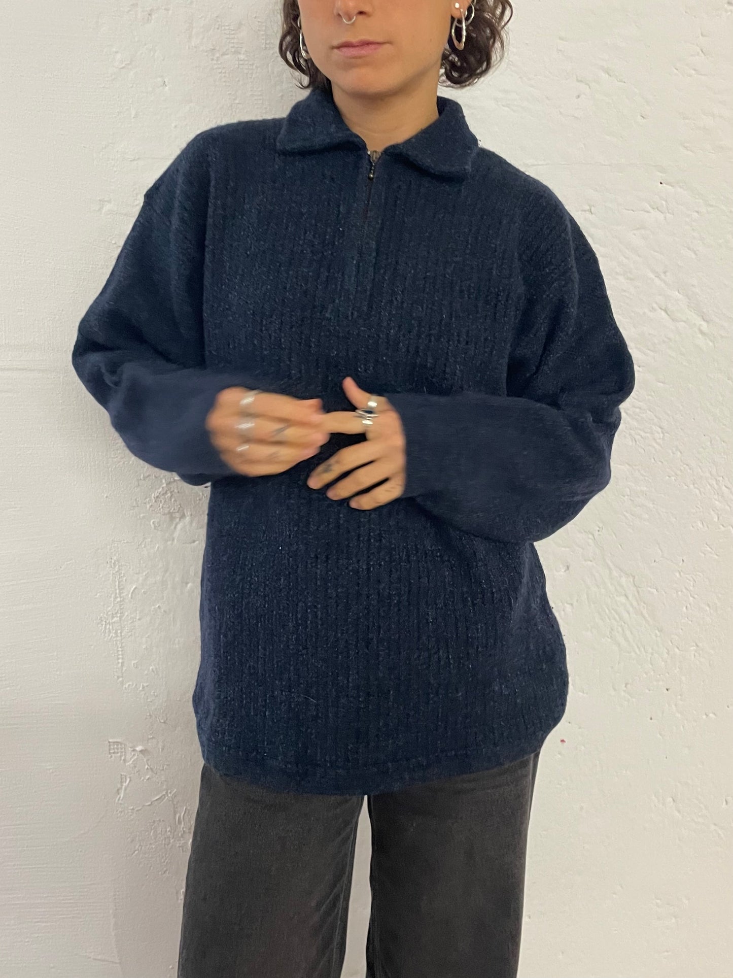 Vintage Dark Blue Wool Sweater Zip Collar High Neck – M