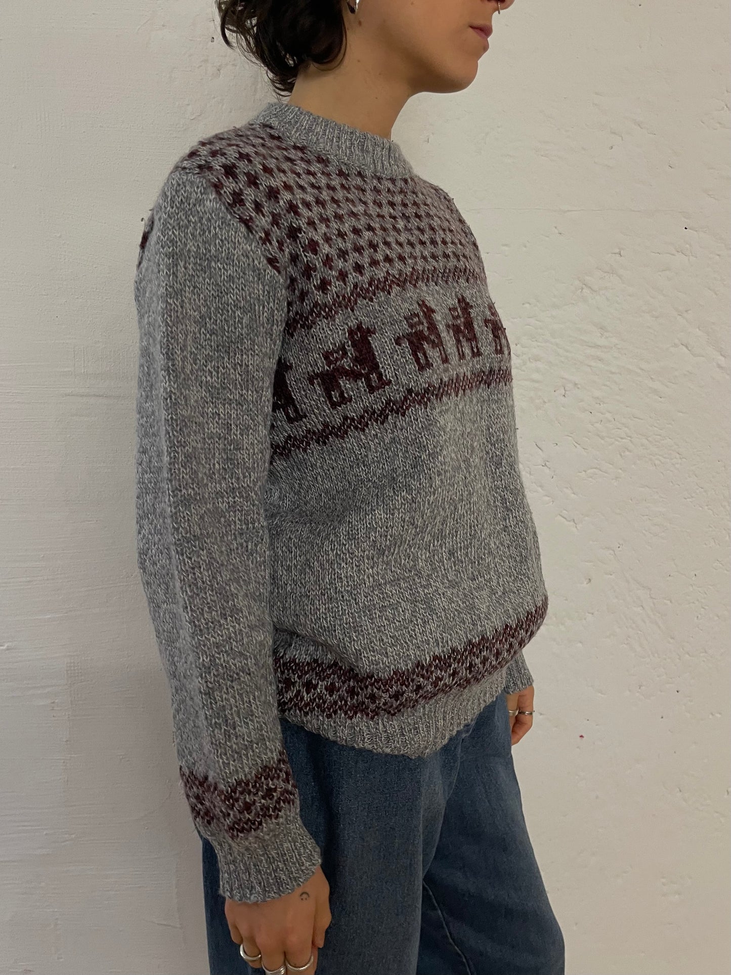 Vintage Wool Winter Pullover Lama Pattern Grey – S/M