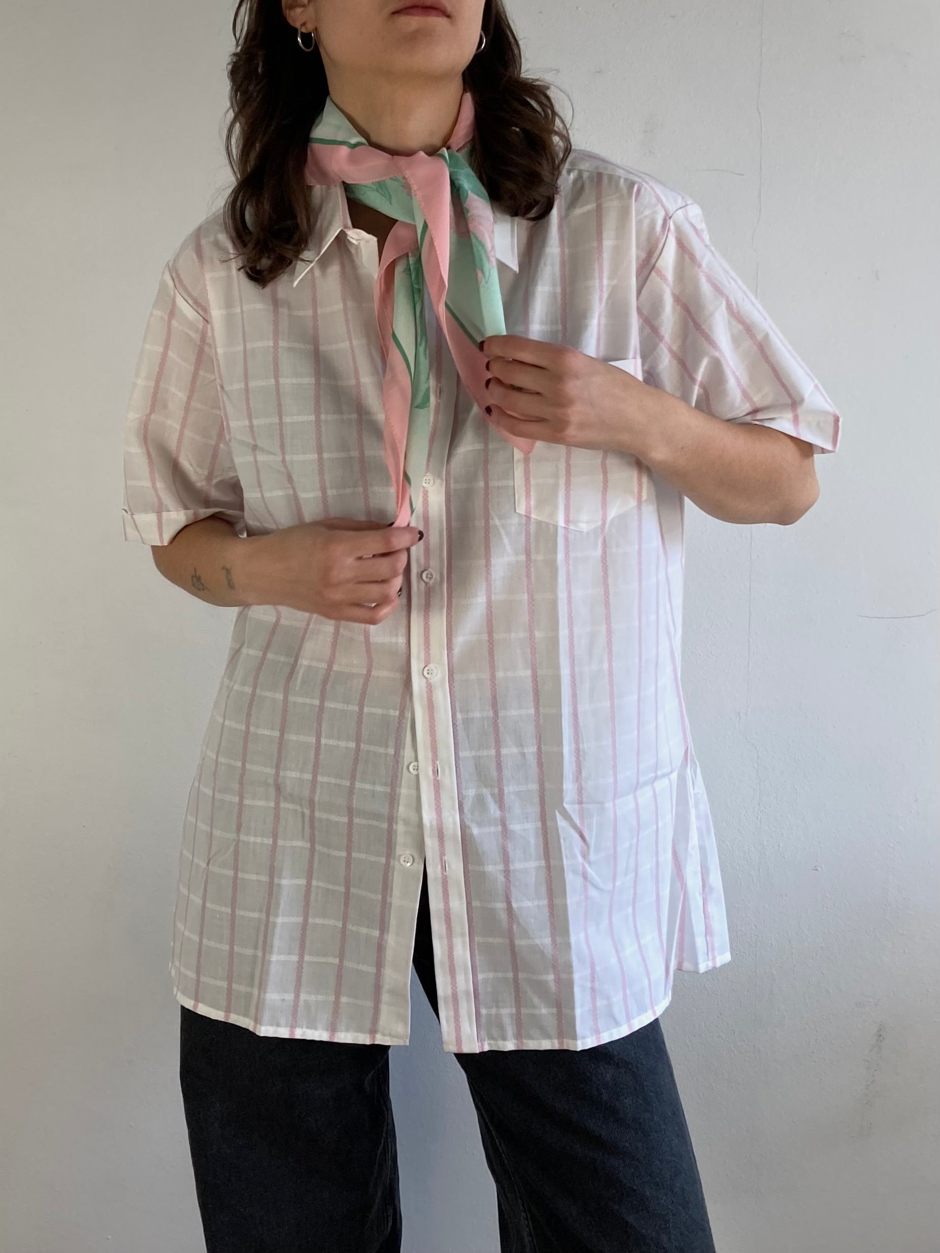 Shirt Vintage Petrocelli Striped Summer Short Sleeve Button-Up White Pink Unisex – M/L