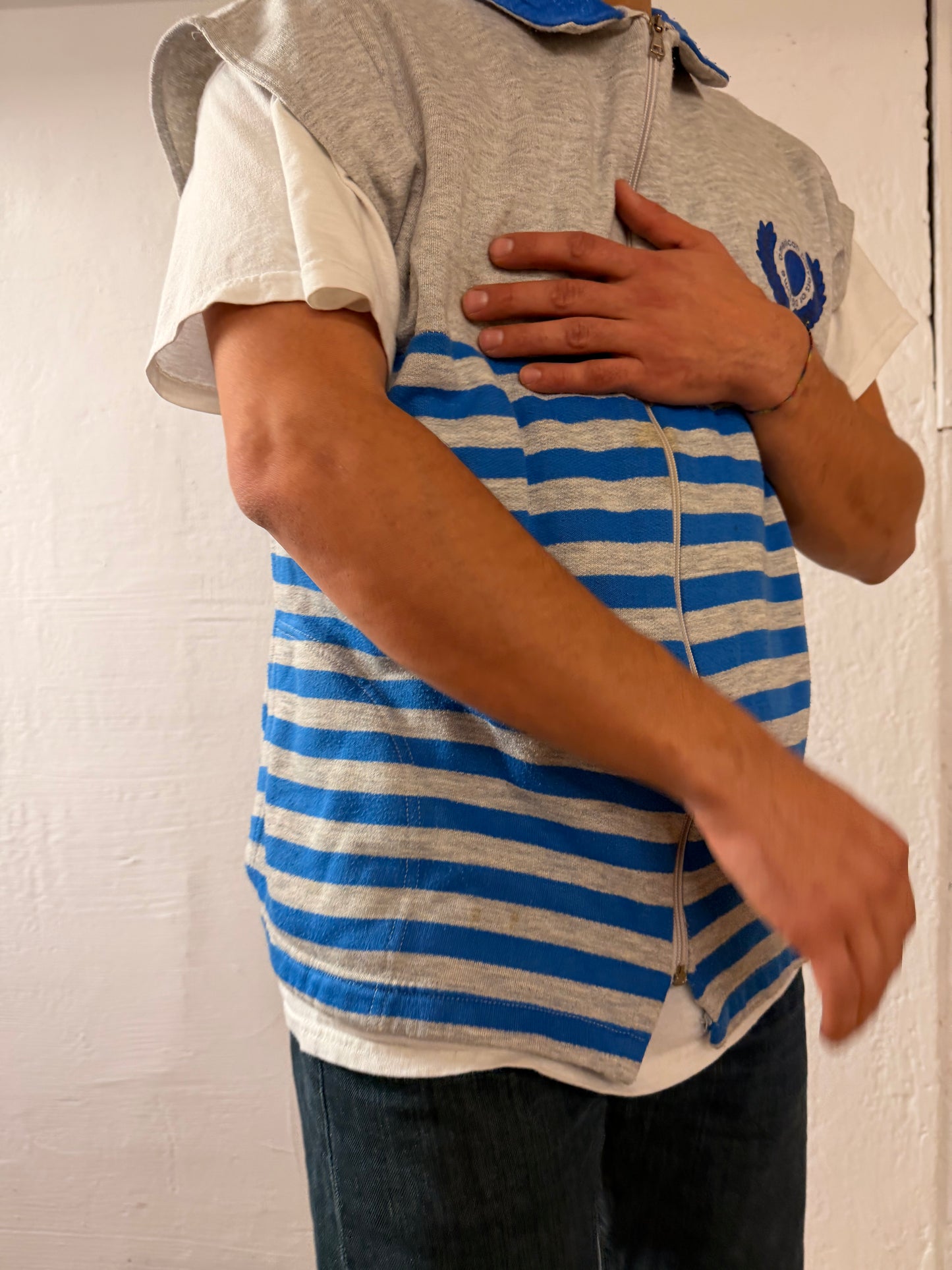 Unisex Oversized Vest Grey Striped with Blue Details Cotton & Acrylic Blend – XL