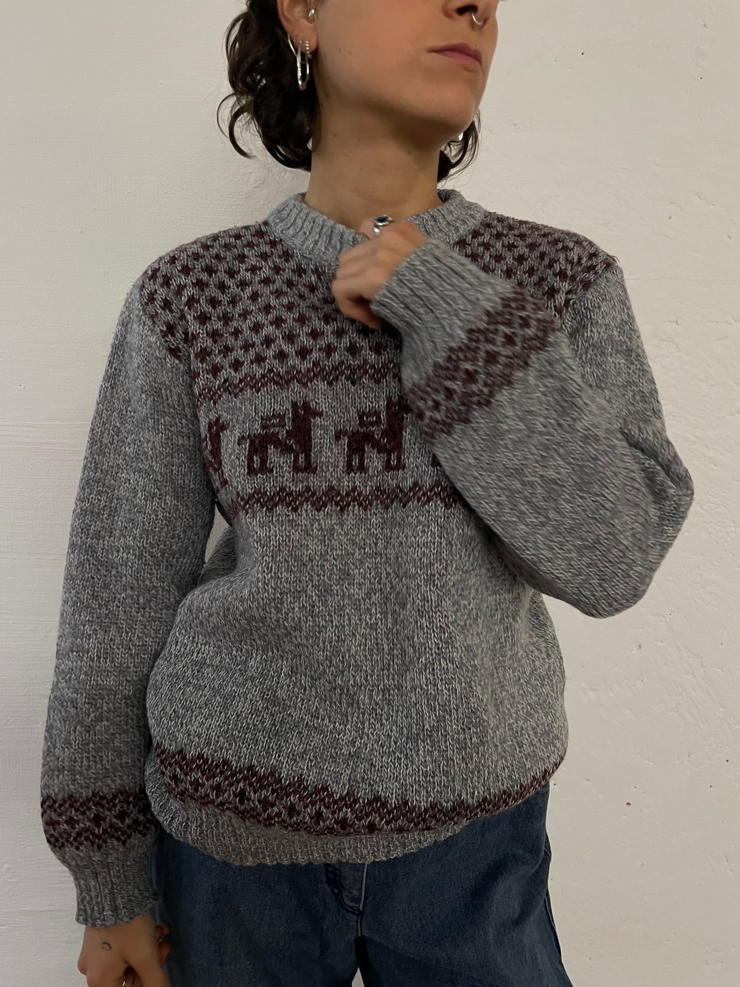 Vintage Wool Winter Pullover Lama Pattern Grey – S/M