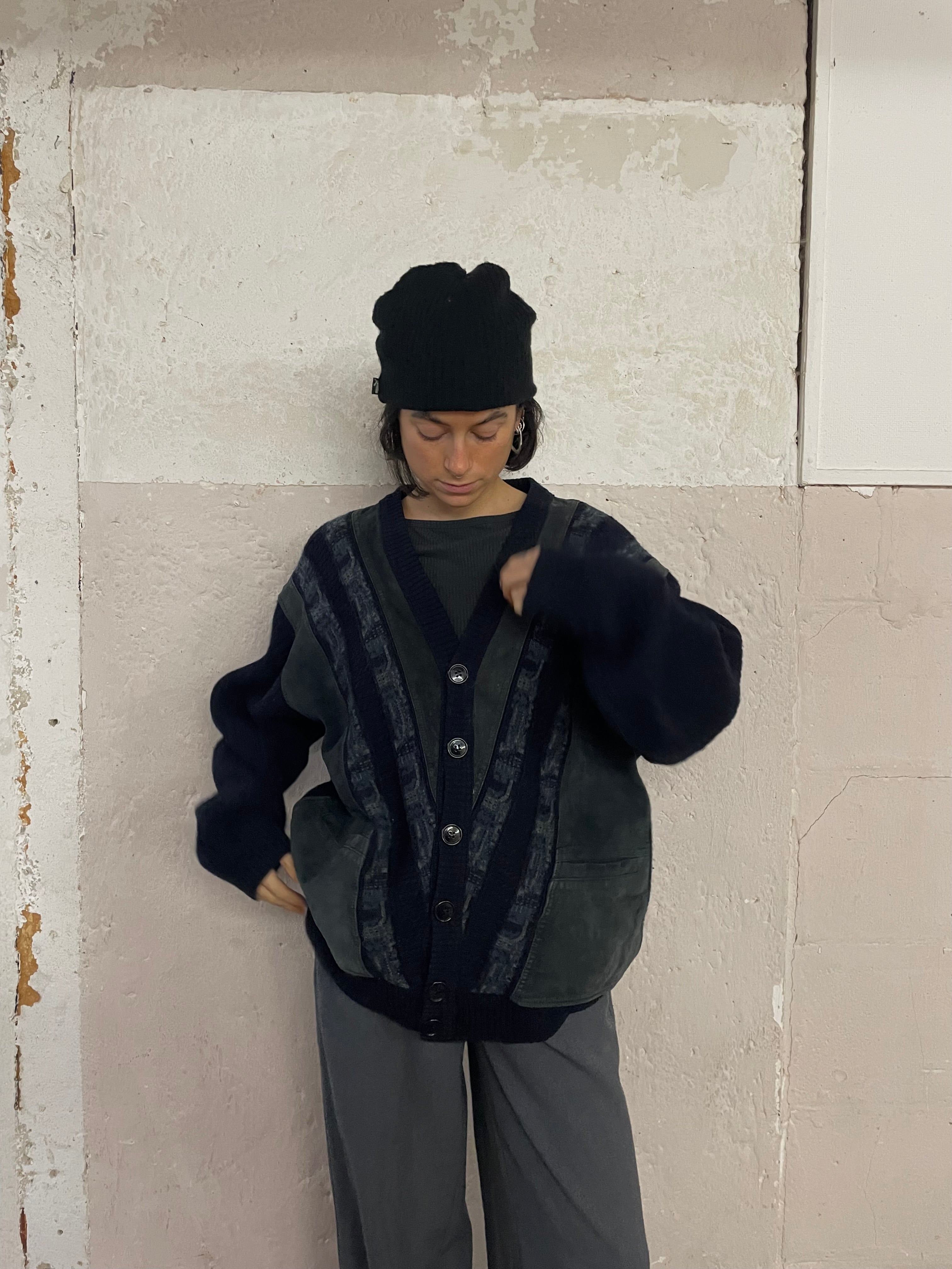 Italienischer Malagrida Cardigang dunkelblau mit Leder Detailes - Kleiderhaufen - Default Title