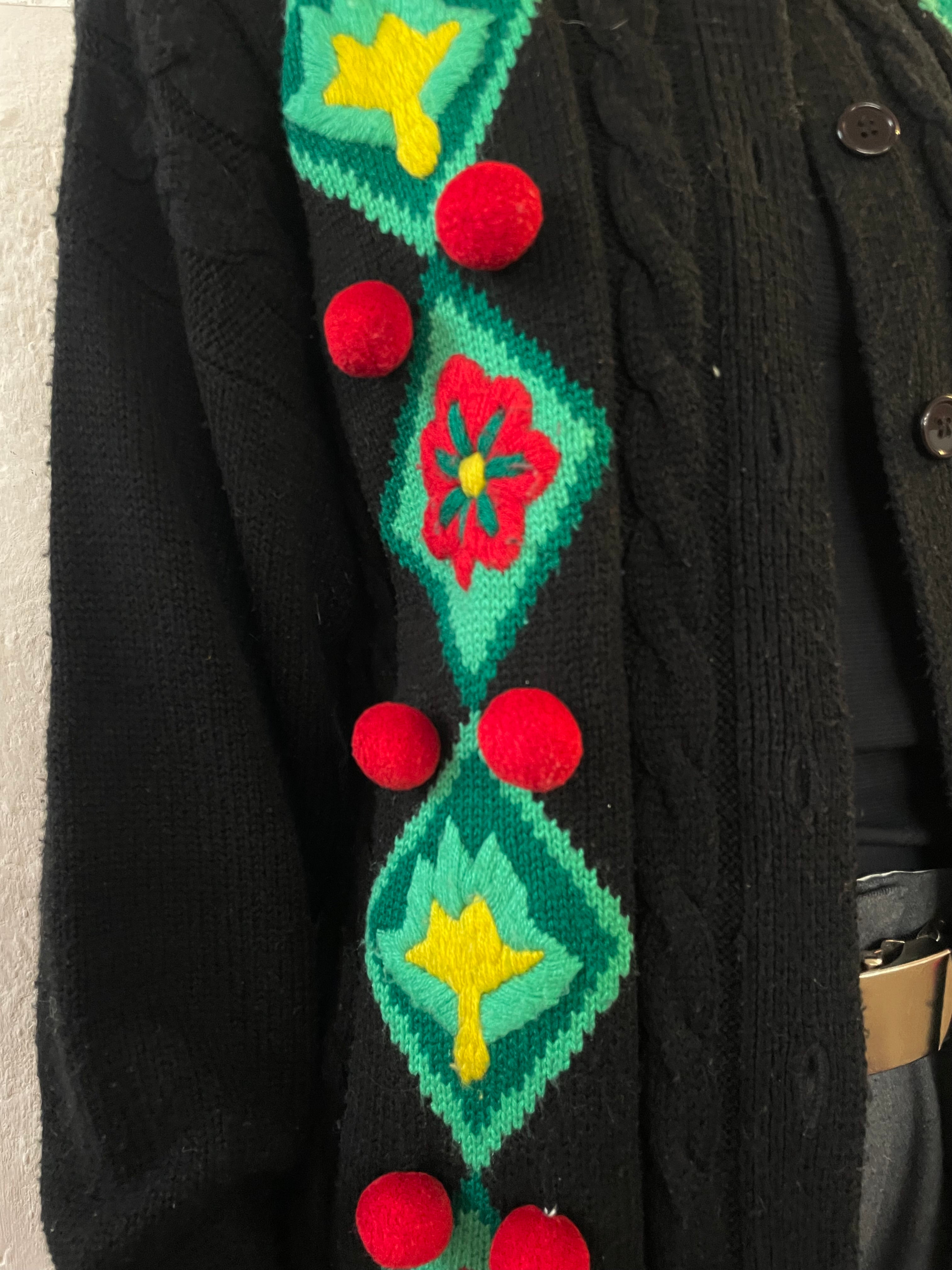 Beautiful Black Cardigan with Lovely Red Pom-Poms - Kleiderhaufen - Default Title