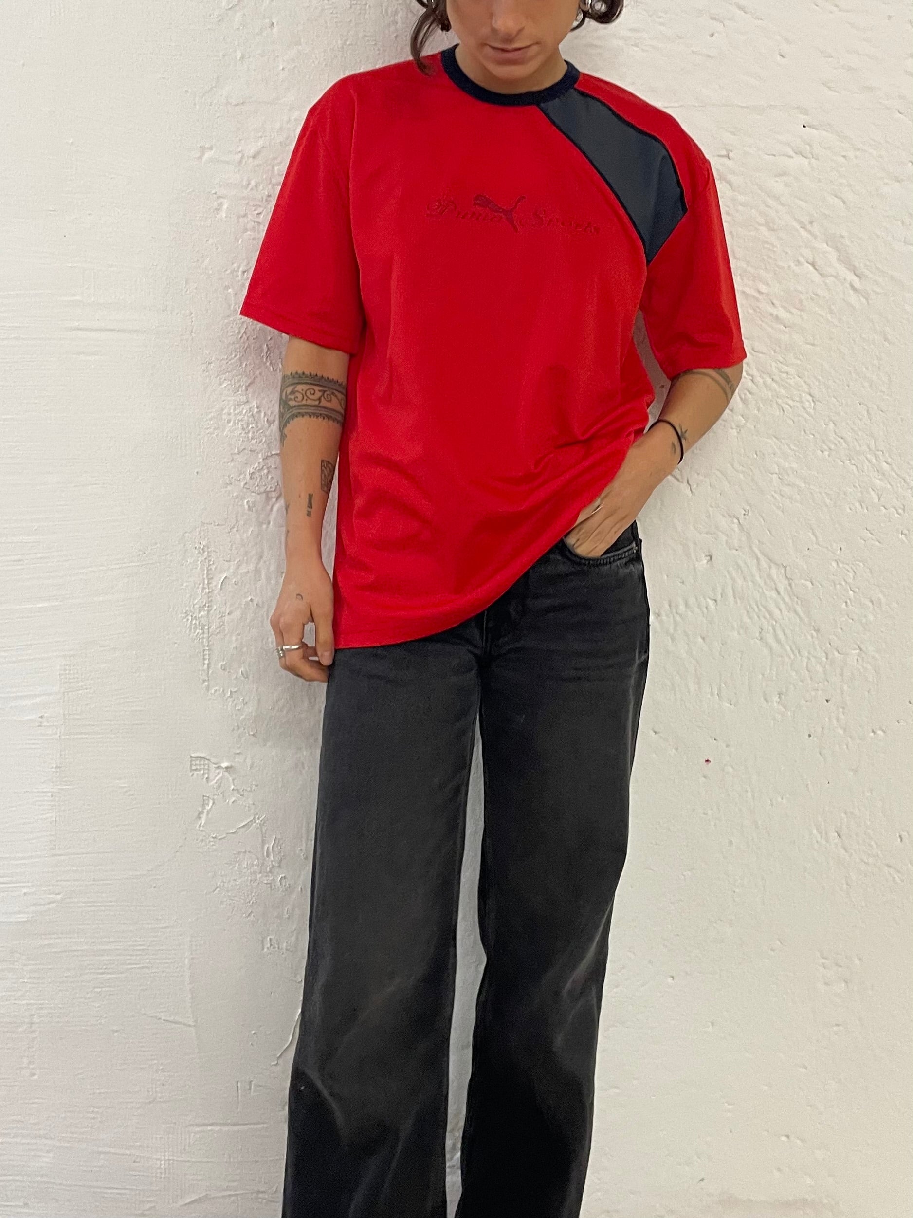 Vintage Puma Sport Shirt Front Print Red/Black – L