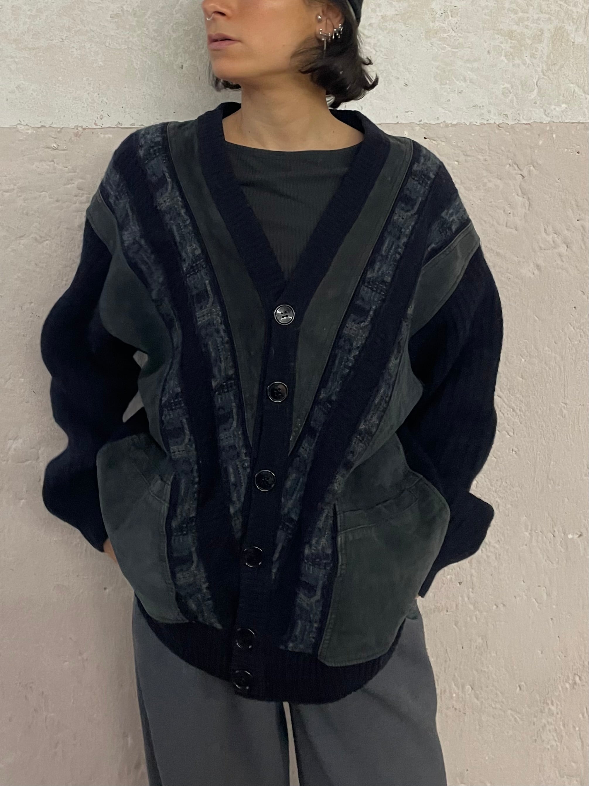 Italienischer Malagrida Cardigang dunkelblau mit Leder Detailes - Kleiderhaufen - Default Title