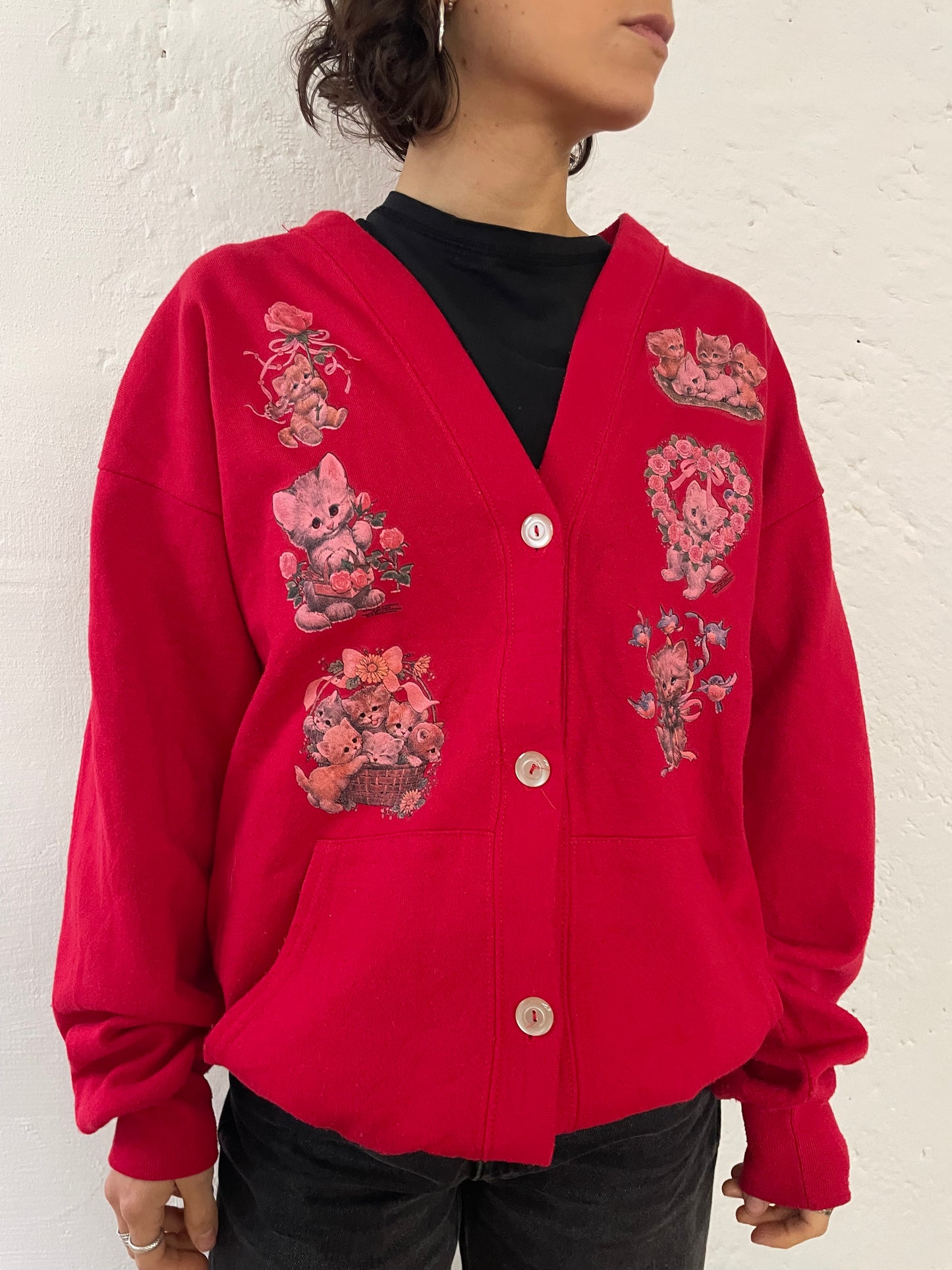 Vintage Cardigan Red with Cat Motifs Made in USA – L