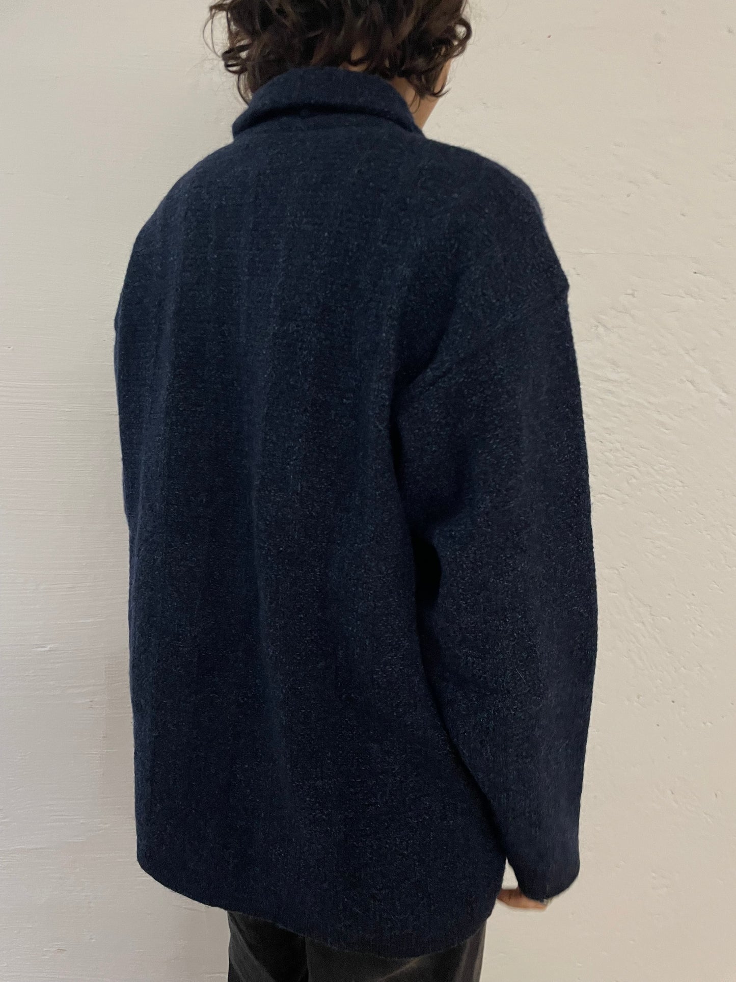 Vintage Dark Blue Wool Sweater Zip Collar High Neck – M