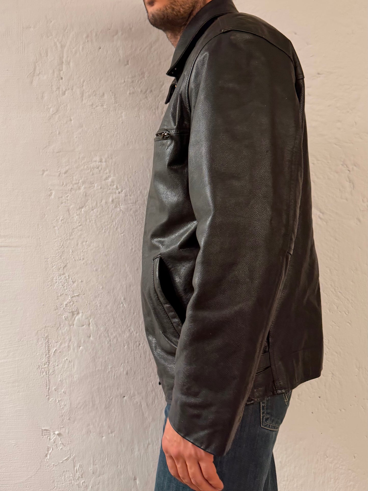 Vintage Oversized Leather Jacket SAKI Black Genuine Leather – XL