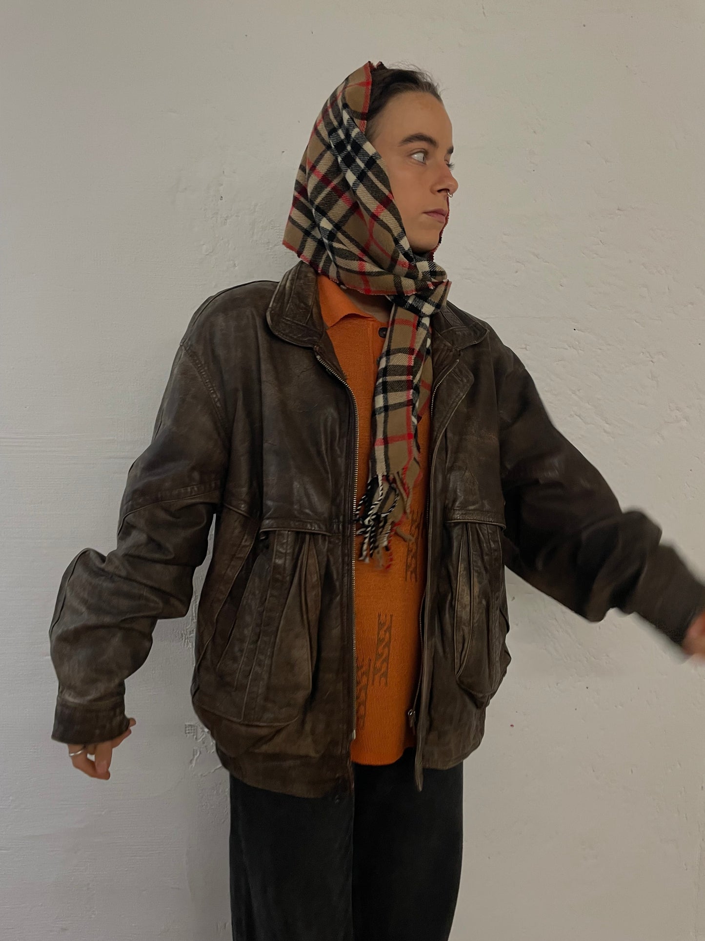Vintage Trapper Leather Jacket Dark Brown Oversized Unisex - L