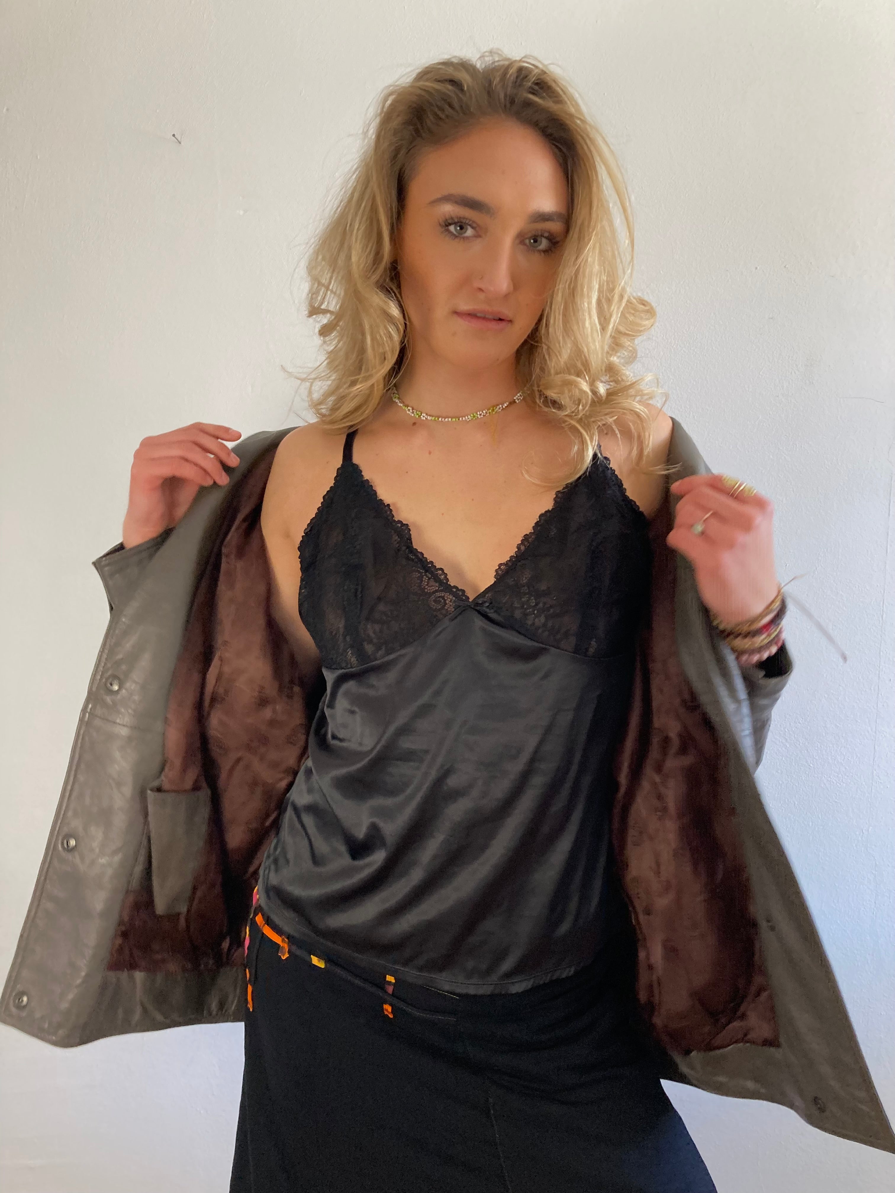 Lederjacke Vintage Y2K Oversized Unisex Grau/Braun Plush Shoulders Statement Piece – M