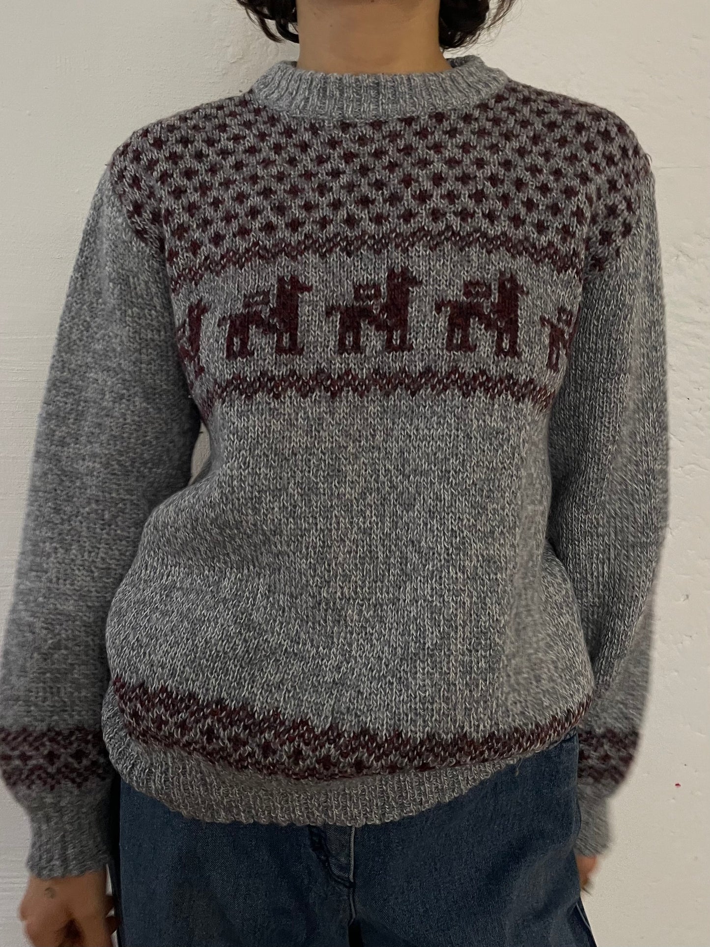 Vintage Wool Winter Pullover Lama Pattern Grey – S/M