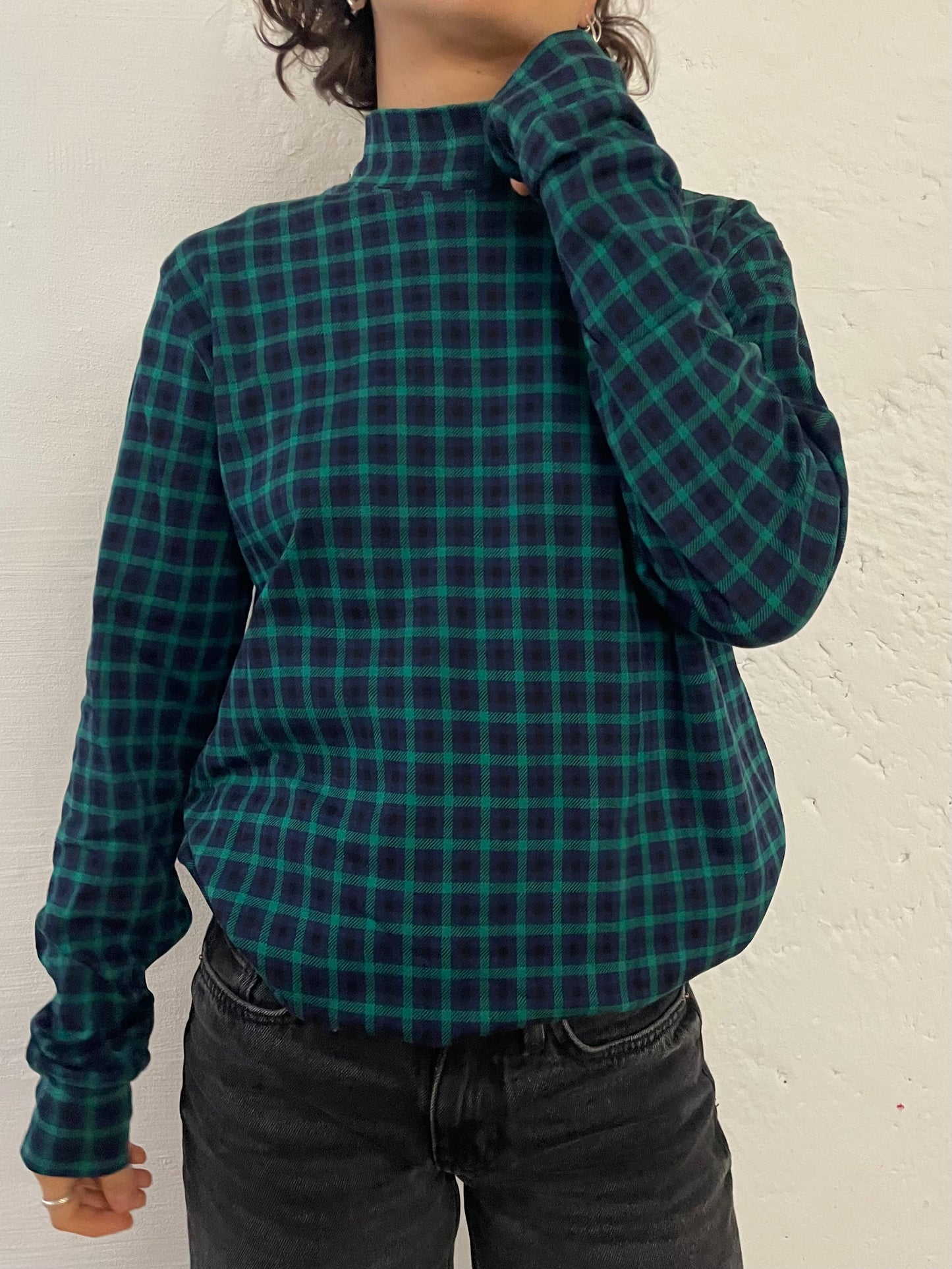 Vintage Lands’ End Checked Long Sleeve Shirt Turtleneck Collar Green & Black – M