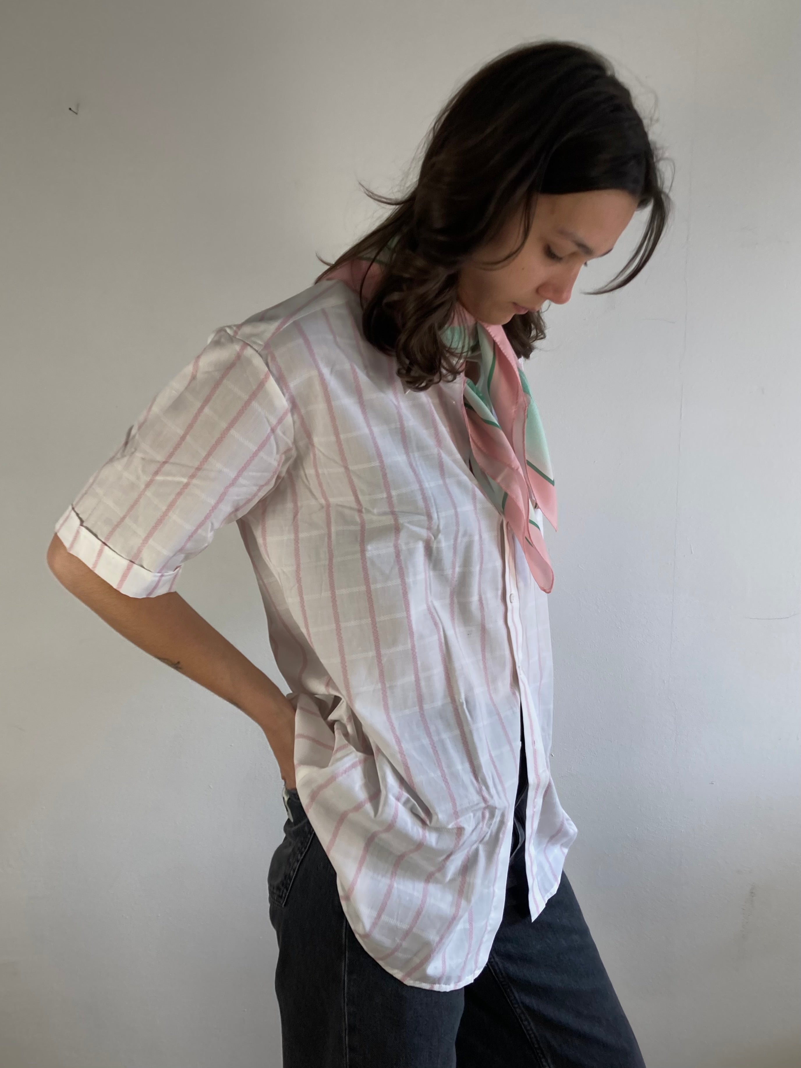 Shirt Vintage Petrocelli Striped Summer Short Sleeve Button-Up White Pink Unisex – M/L