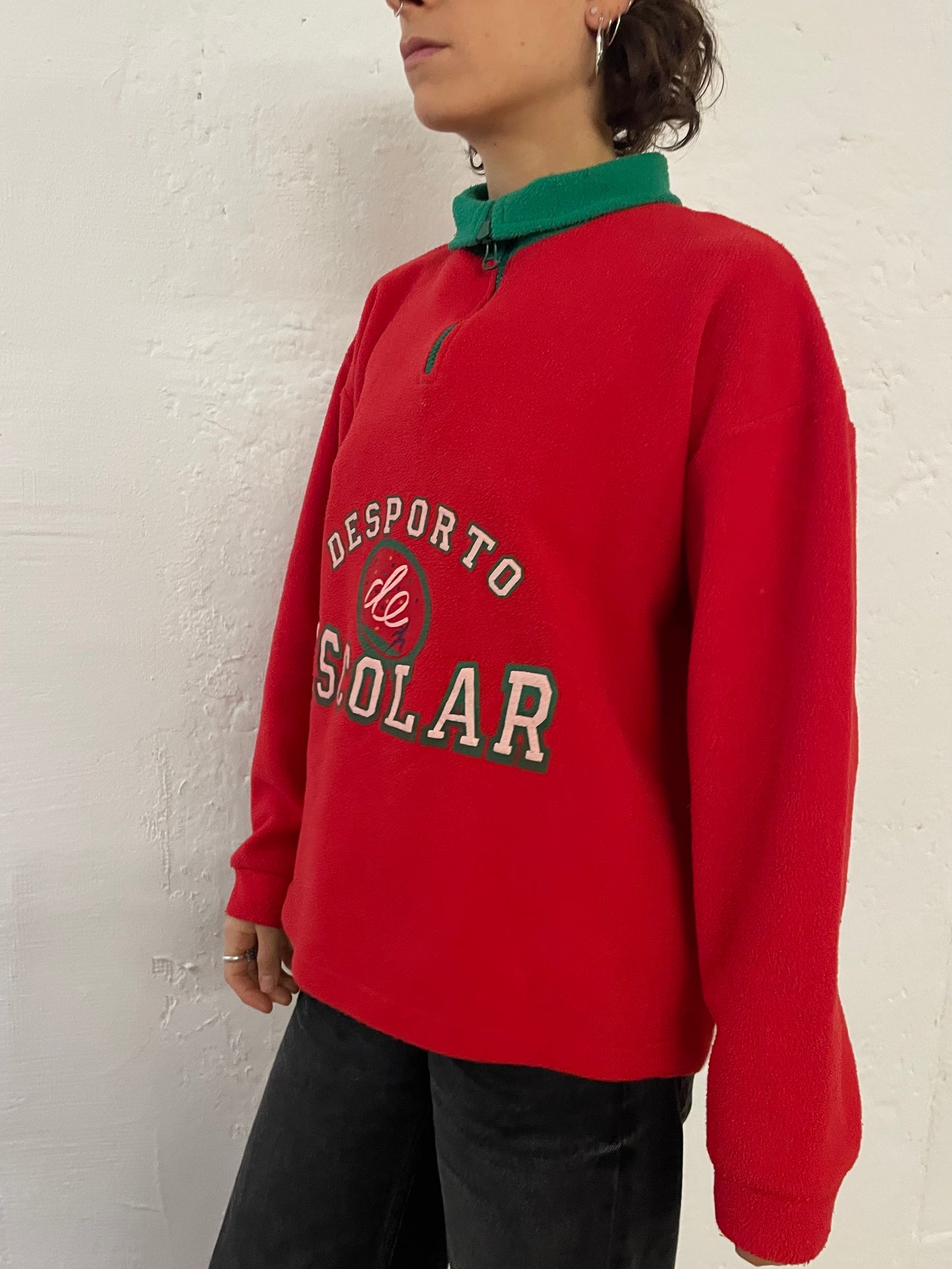 Vintage Fleece Zip Sweater Front Embroidery Red Green – M