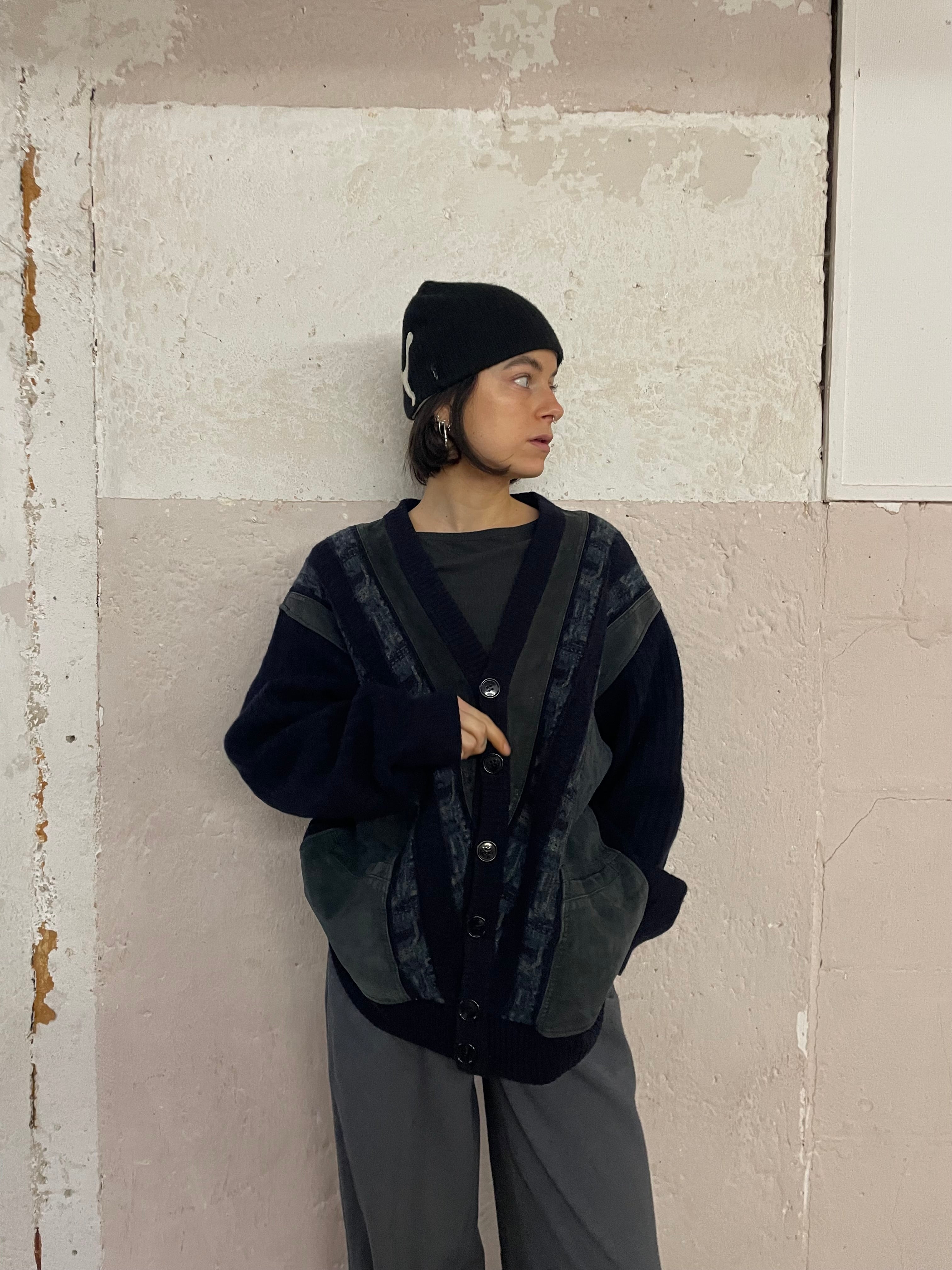 Italienischer Malagrida Cardigang dunkelblau mit Leder Detailes - Kleiderhaufen - Default Title