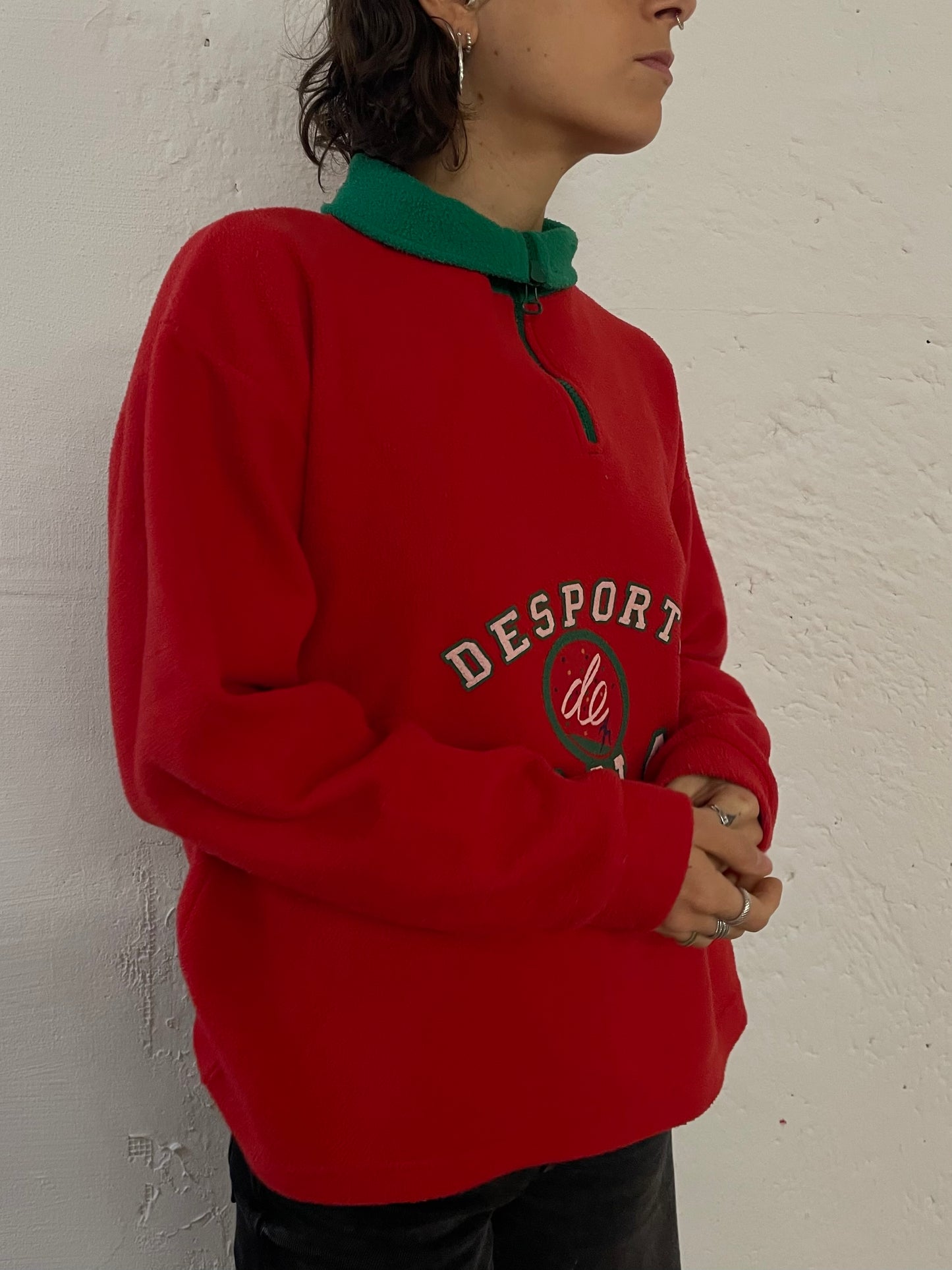 Vintage Fleece Zip Sweater Front Embroidery Red Green – M