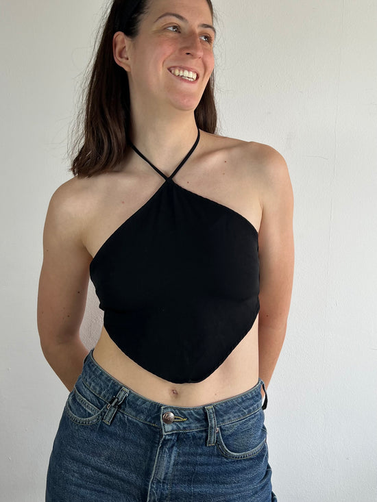 Top Shirt Tie Front Top Black Cotton Blend – S
