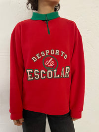 Vintage Fleece Zip Sweater Front Embroidery Red Green – M