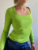 Longsleeve Vintage Green Open Neck Lightweight Layering Women – S/M