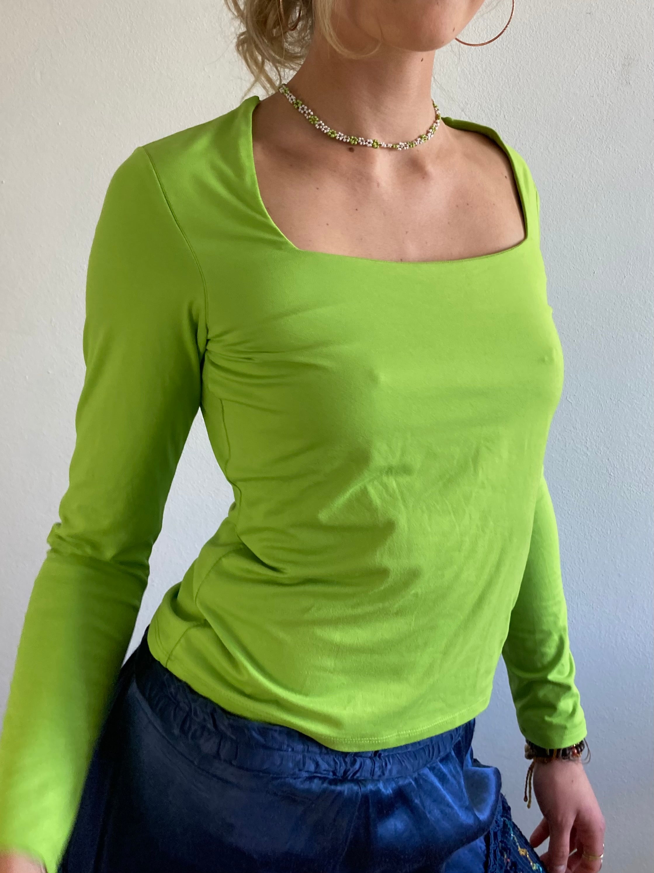 Longsleeve Vintage Green Open Neck Lightweight Layering Women – S/M