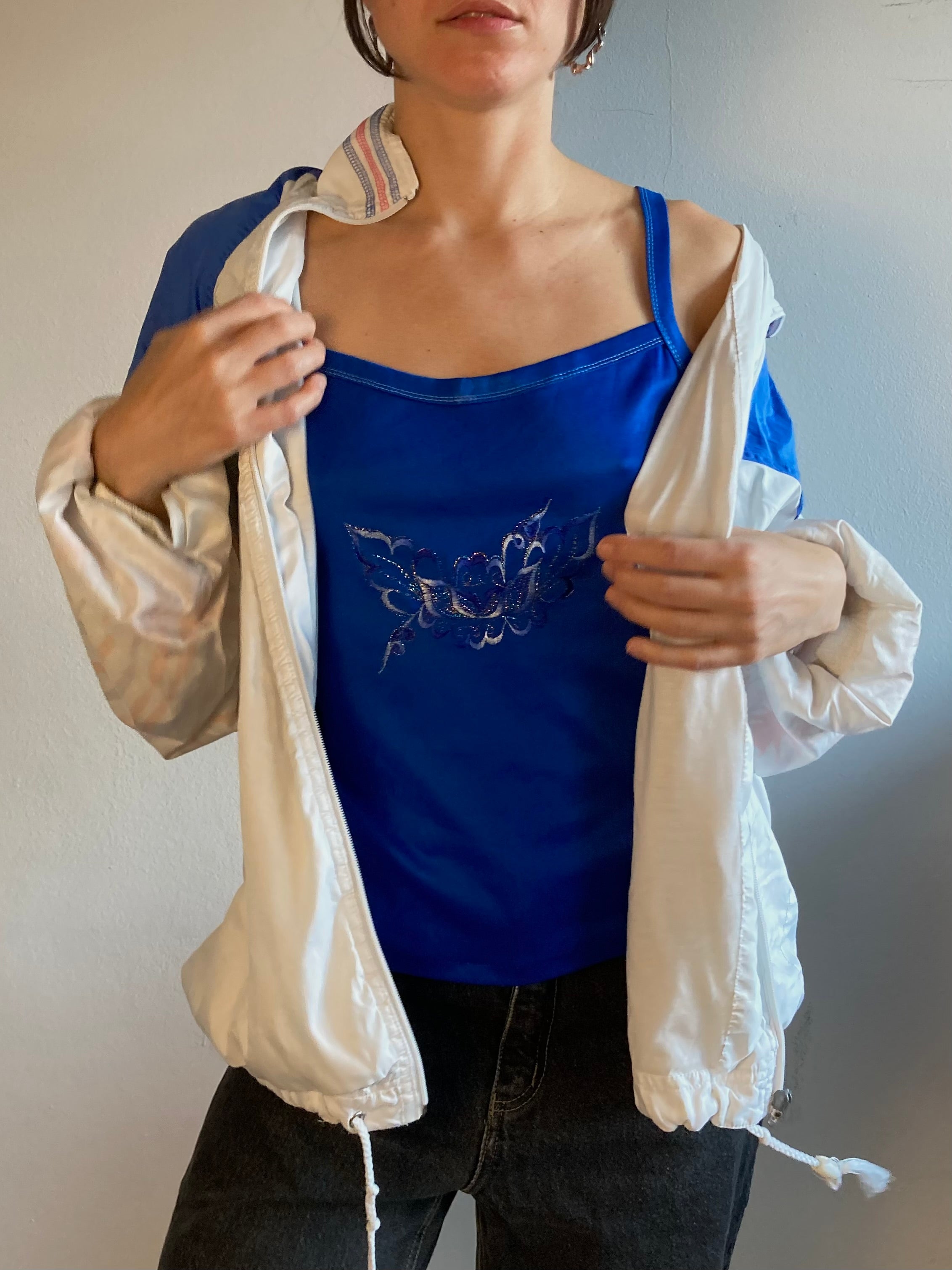 Top Vintage Y2K Spaghetti Strap Top Blue Glitter Pattern Women – M