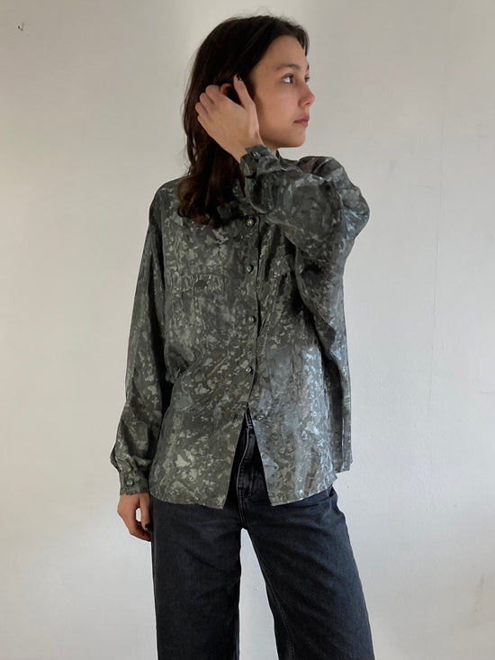 Blouse Vintage Oversized Floral Grey Unisex Button-Up Layering – M/L