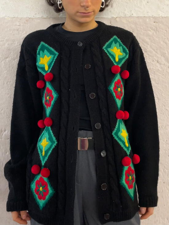 Vintage Black Cardigan with Red Pom-Poms Lovely Detail – M/L
