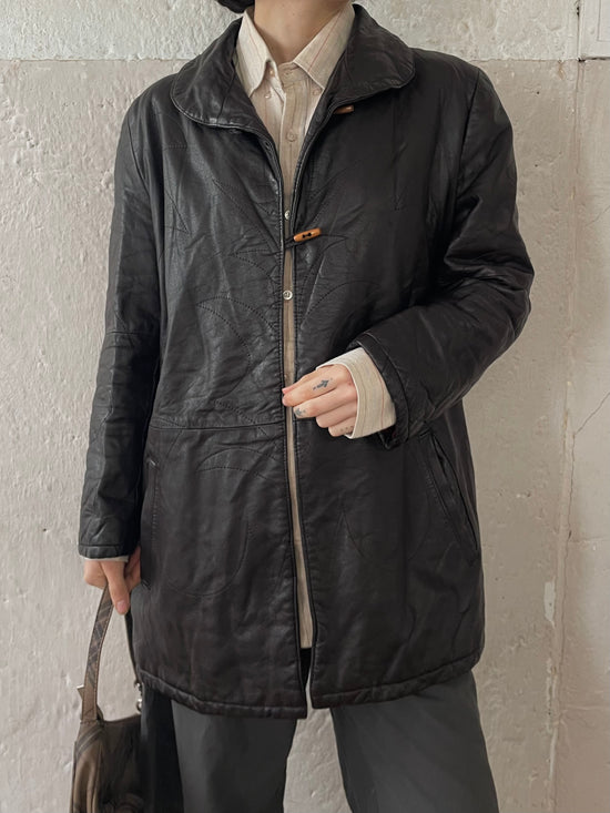 Vintage Leather Coat Women Brown Black – M