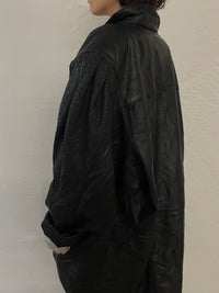 Vintage Leather Jacket Puff Sleeves Oversized Black – L
