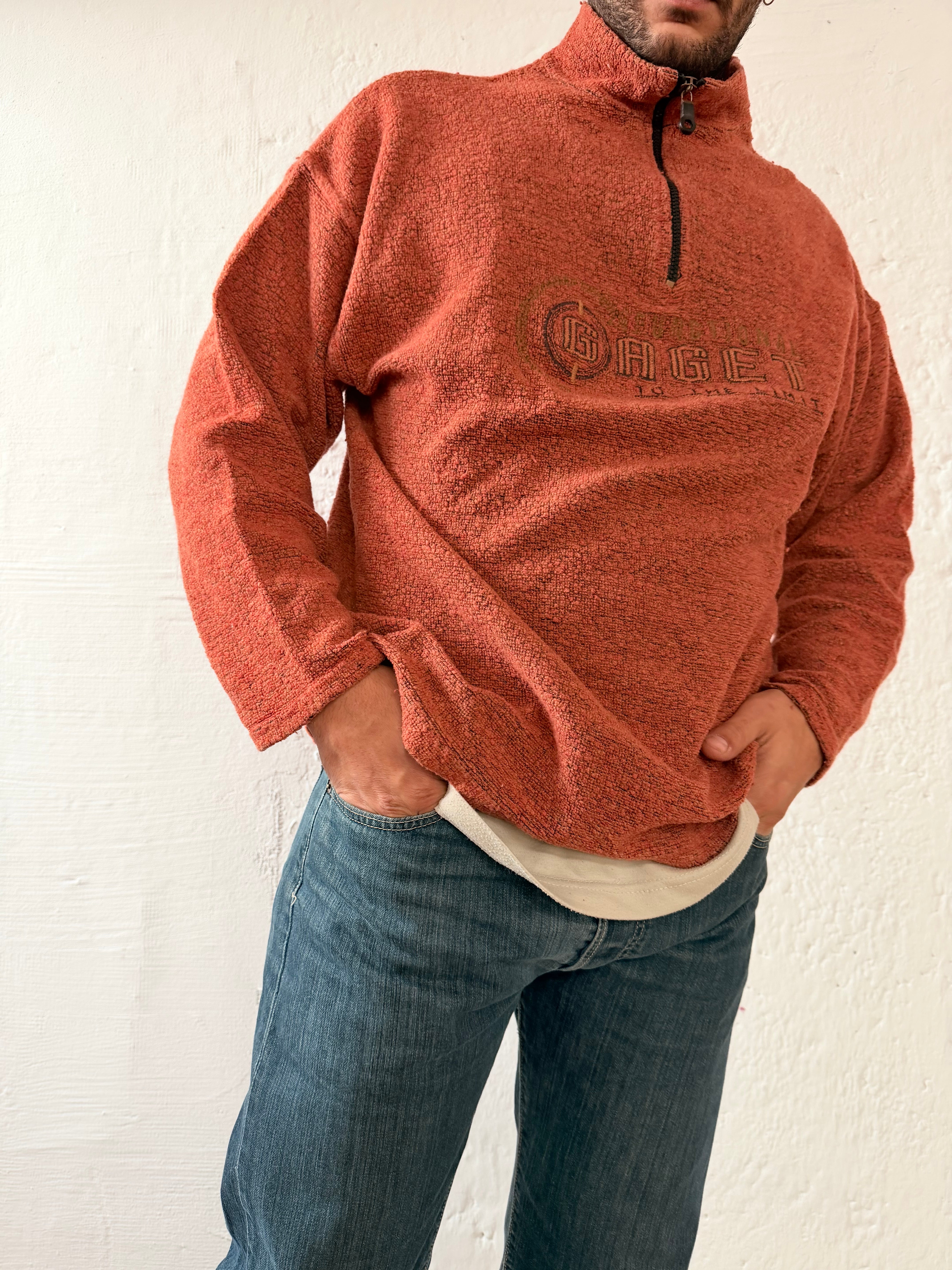 Vintage Zip Wool Pullover Giramondo Orange Front Stitching – L