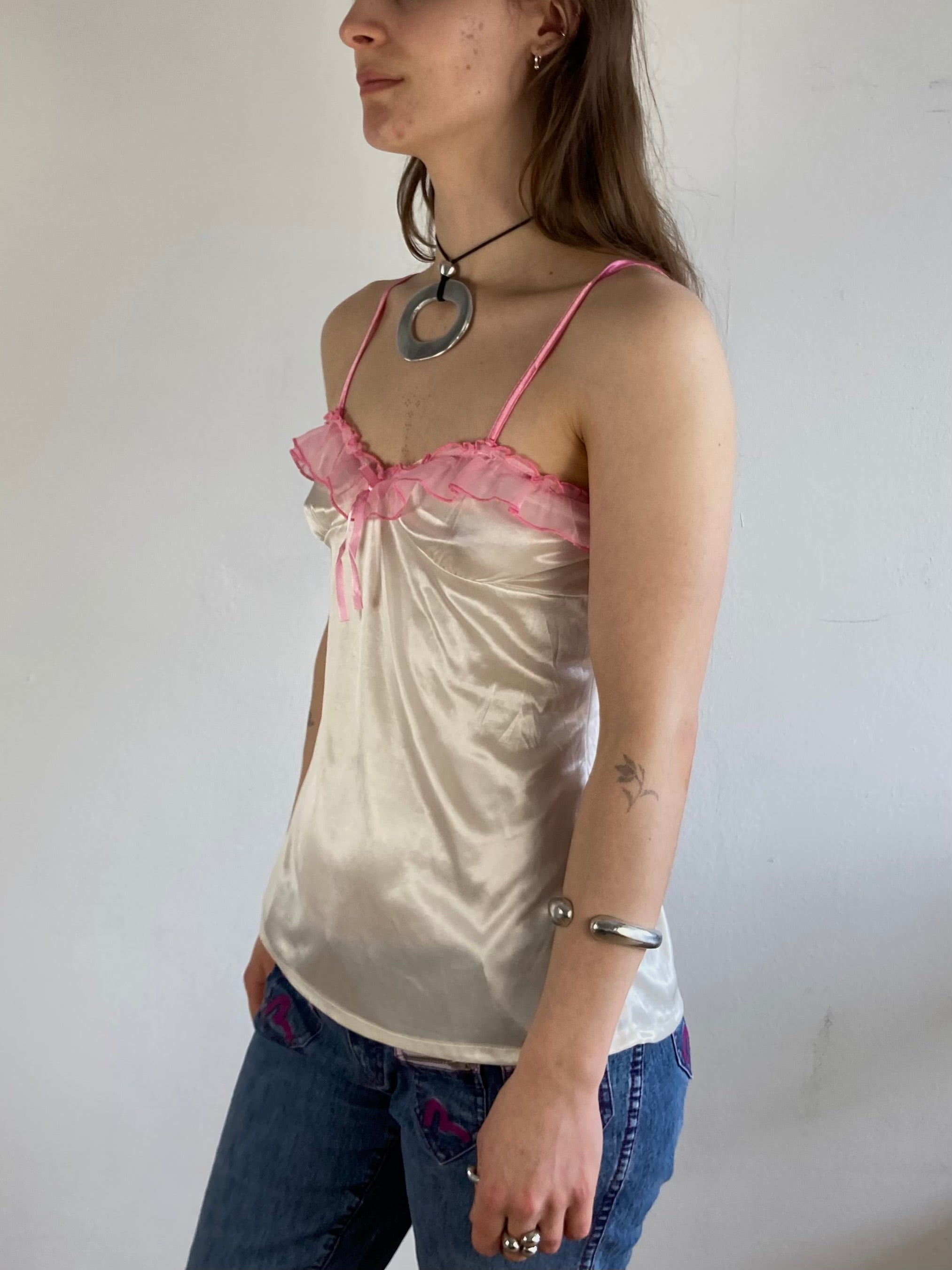Top Vintage Y2K Lace Sheer Cream Pink Strappy Romantic Slim Fit – S