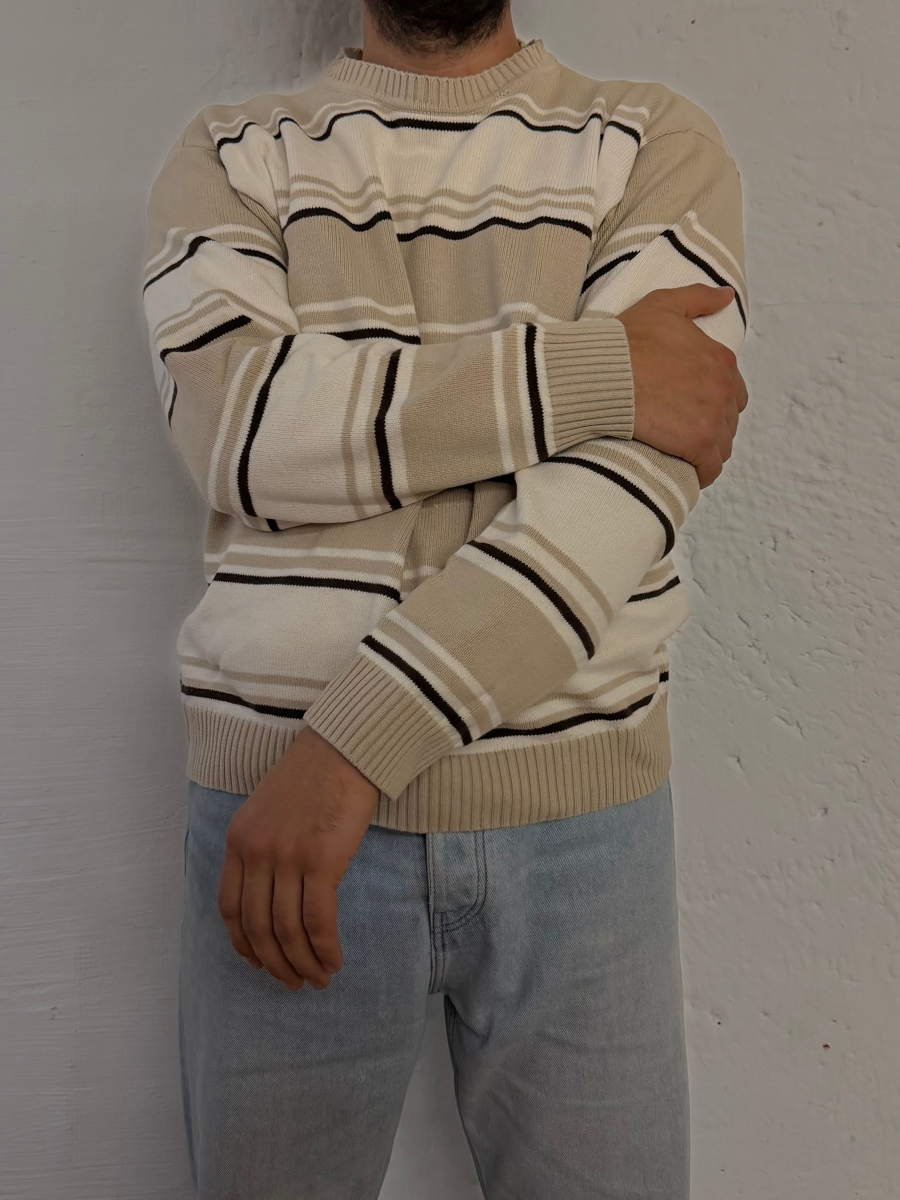 Basic Line Striped Longsleeve Sweater Beige 100% Cotton – L