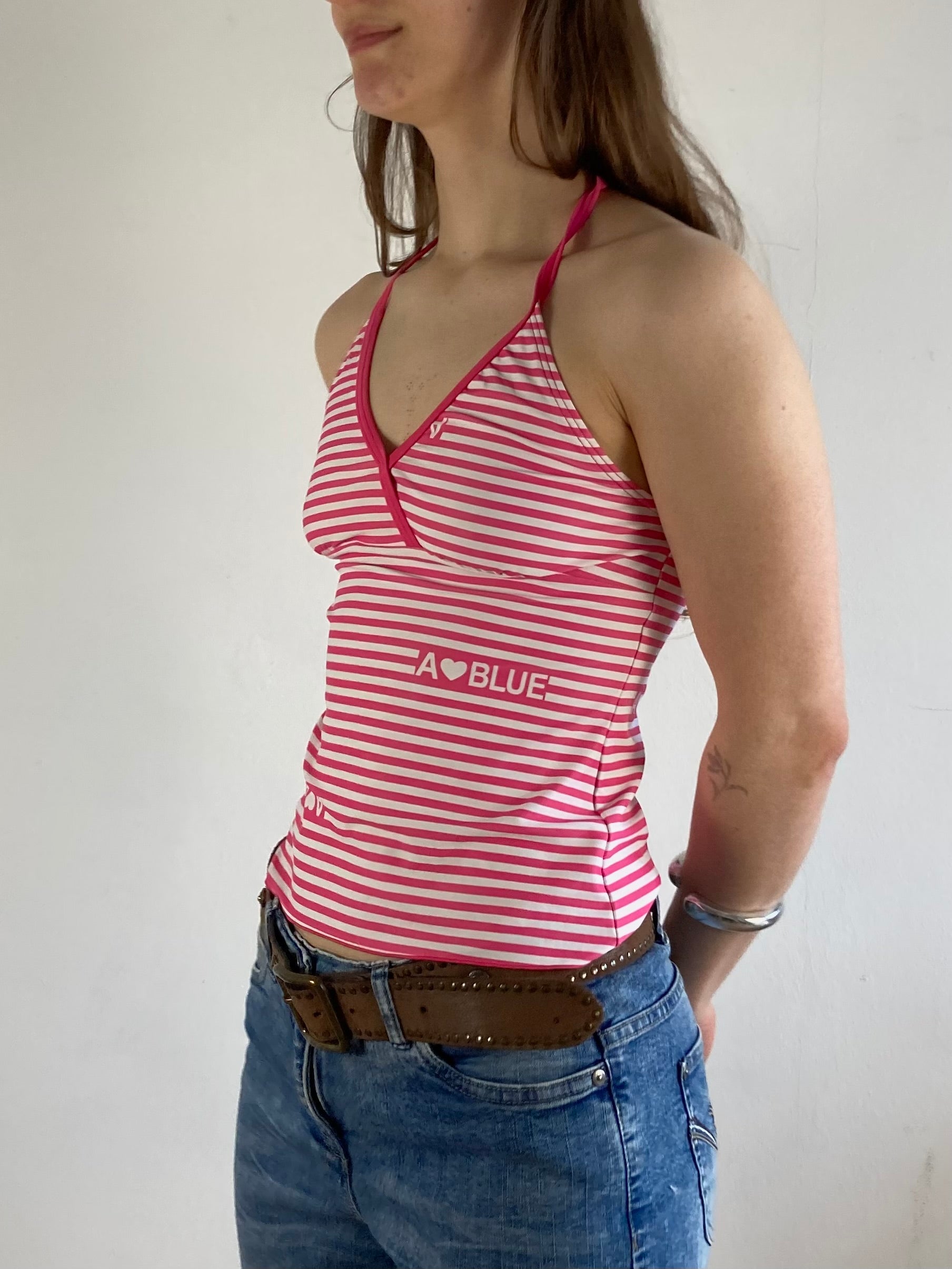 Top Vintage Front Print  Summer White Pink Elastic Slim Fit Women – S