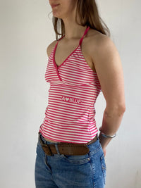 Top Vintage Front Print  Summer White Pink Elastic Slim Fit Women – S