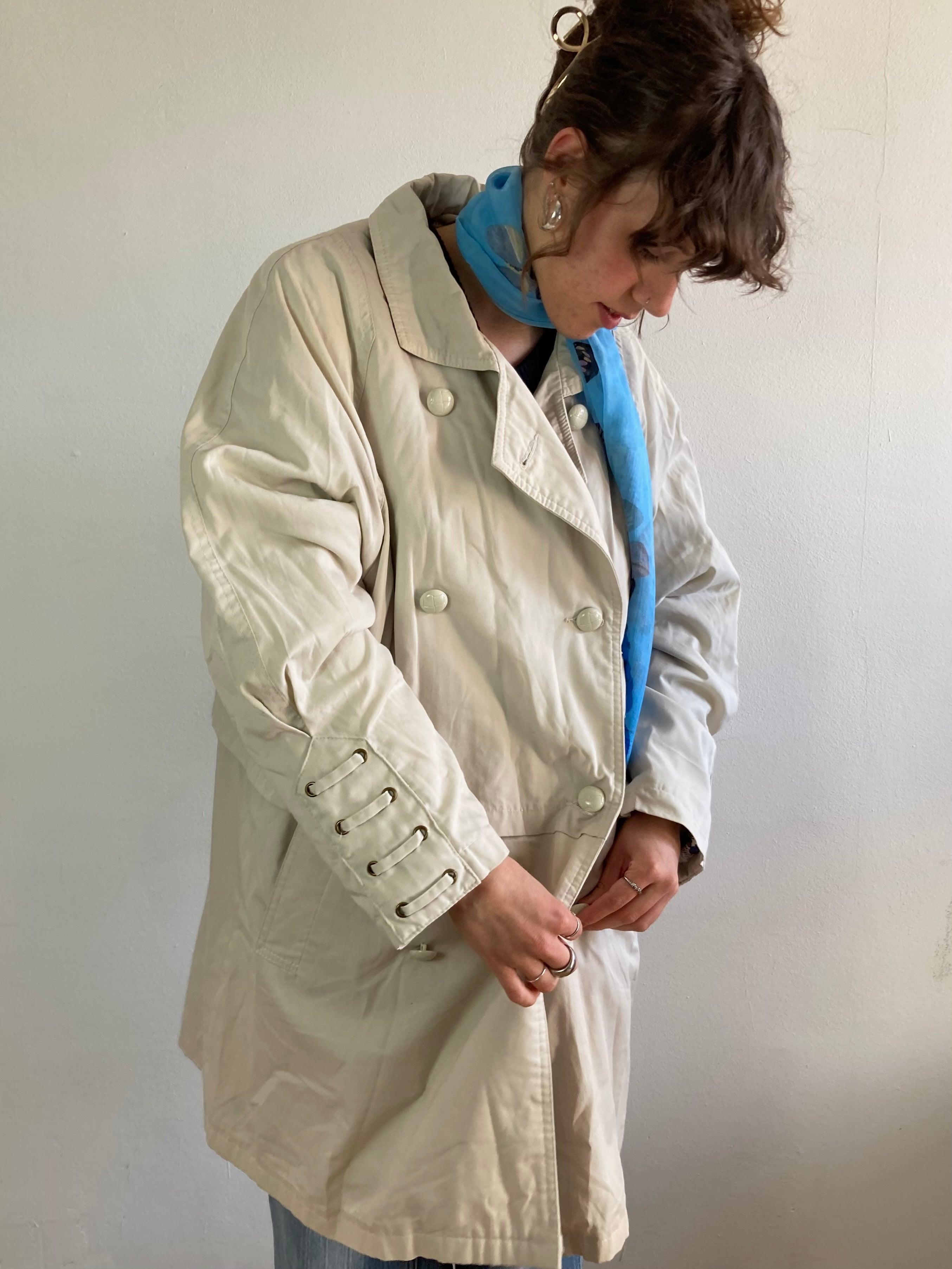 Trench Coat Vintage Cream Beige Trench Oversized Spring Patterned Women – M