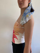 Top Vintage Floral Summer White Pink Elastic Slim Fit Women – S