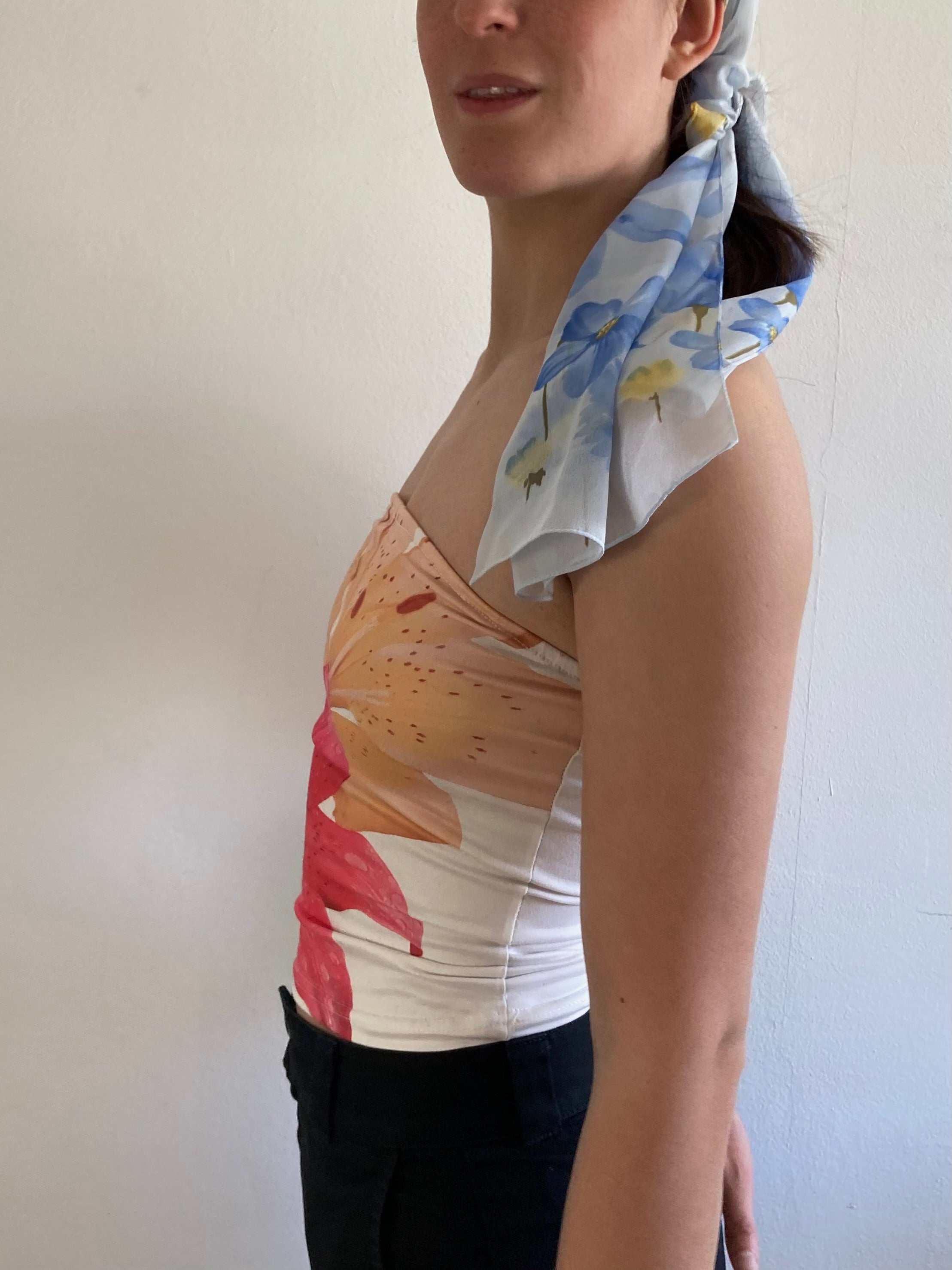 Top Vintage Floral Summer White Pink Elastic Slim Fit Women – S