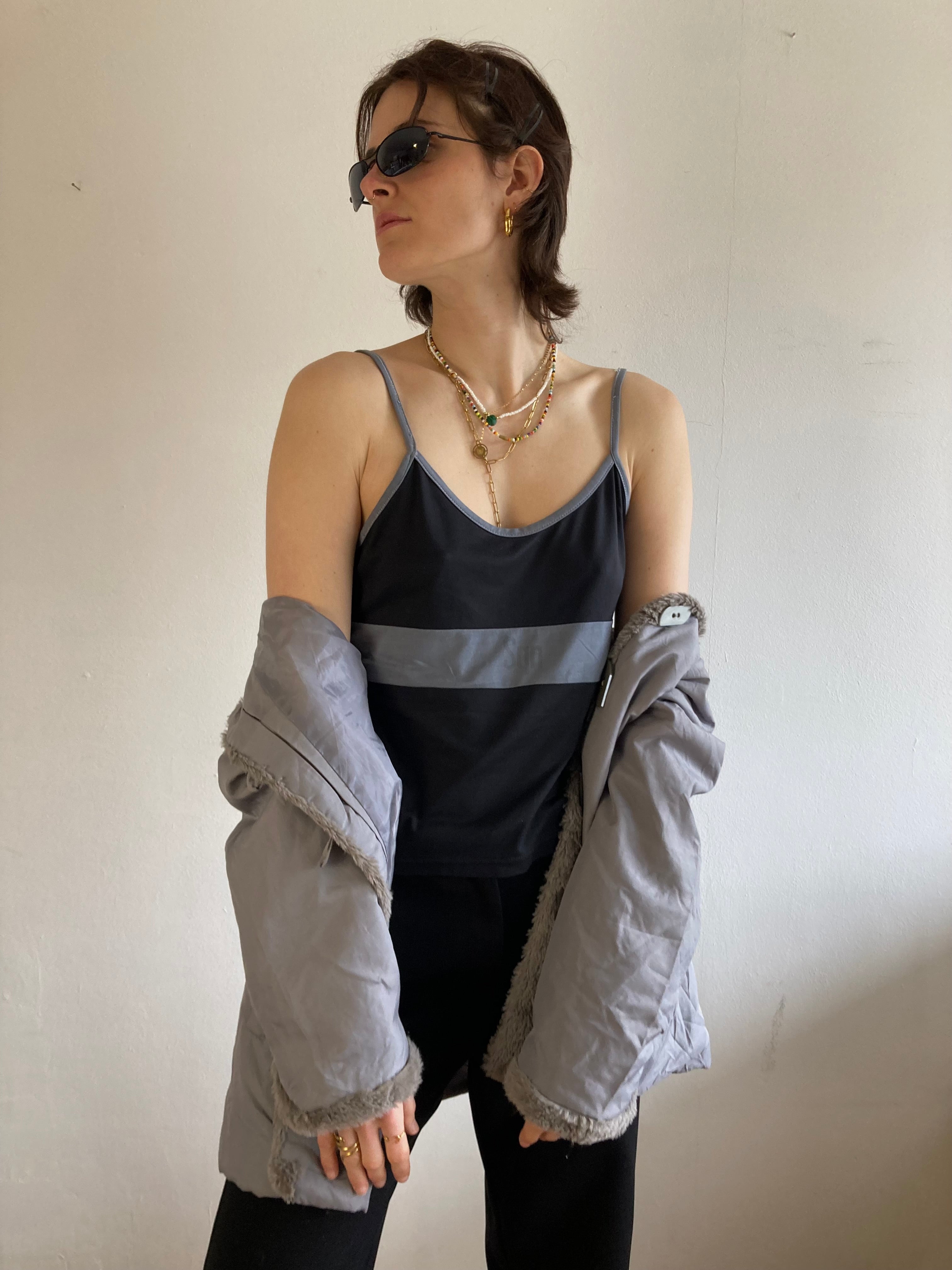 Spaghetti Top Vintage Black Grey Polyester Women – M