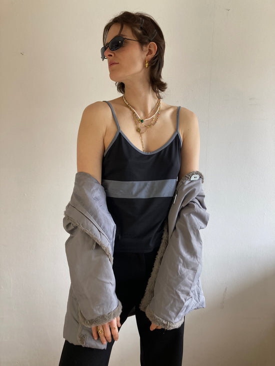 Spaghetti Top Vintage Black Grey Polyester Women – M