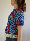 Top Vintage Blue Red Floral Shoulder Cotton-Blend Women – S