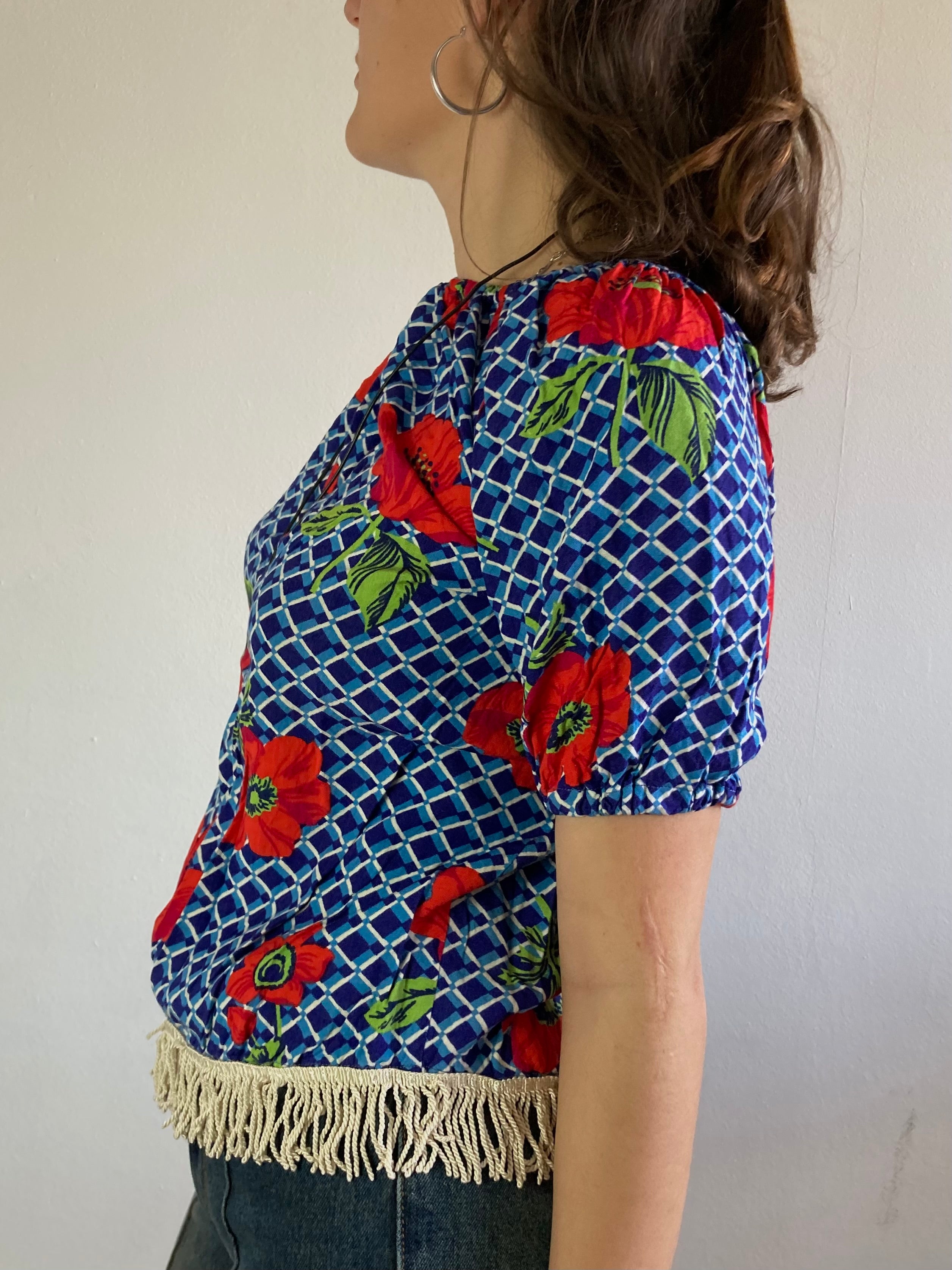 Top Vintage Blue Red Floral Shoulder Cotton-Blend Women – S