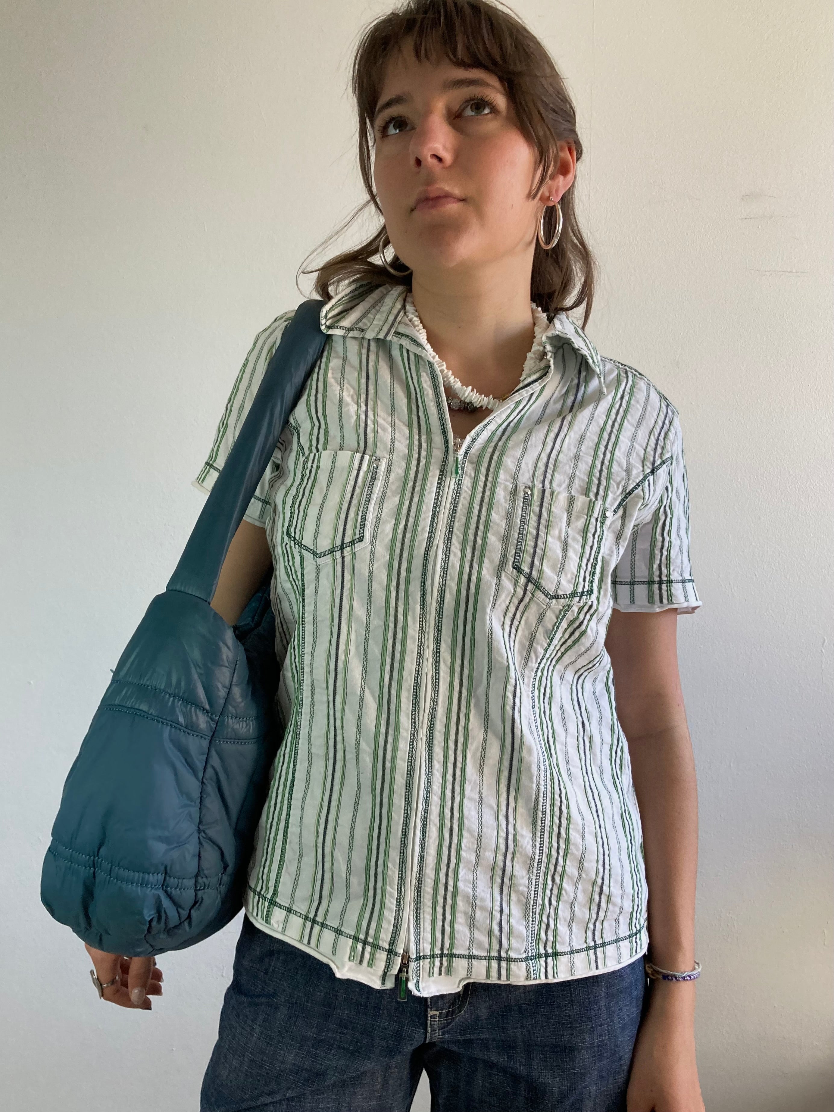 Shirt Vintage Green White Striped Short Sleeve Collar Women – S